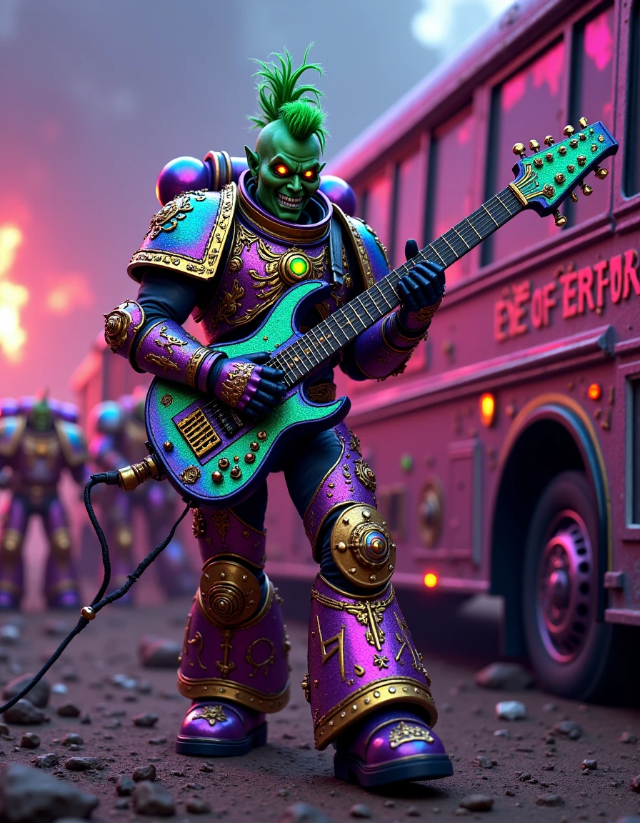 Imagine a vivid, explicit and uncensored photorealistic high-definition 8k professional image featuring a Noise Marine in Space Marine Power Armor with neon green dreadlocks holding an electric guitar plasma gun flamethrower, his kaleidoscopic iridescent rainbow armor is covered in elaborate glowing symbols and glitter, he is getting off a tour bus with a group of other Noise Marines, on the side of the bus is written "EYE OF TERROR 40,000"