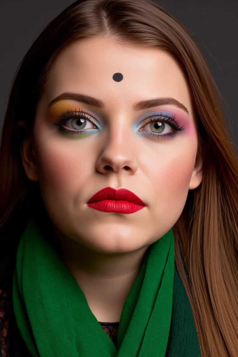 A woman with long brown hair is wearing a green scarf around her neck. There are colorful paint on her face and around her eyes. There is a black dot on her forehead. She has red lipstick on her lips.