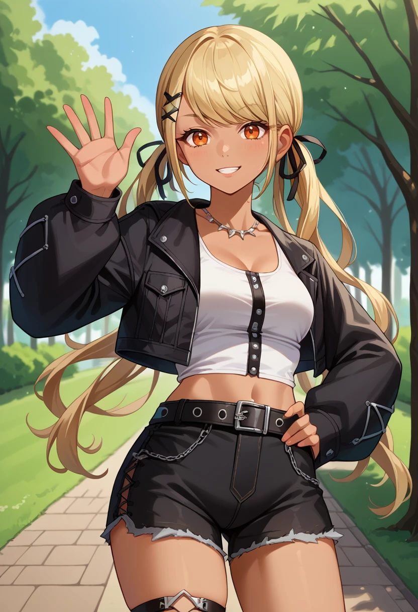 score_9, score_8_up, source_anime, 1girl, solo, QpiCas, orange eyes, dark skin, blonde hair, long hair, swept bangs, low twintails, x hair ornament, black hair ribbon, necklace, white tank top, cross-laced clothes, black jacket, cropped jacket, long sleeves, midriff, black belt, black shorts, thigh strap, outdoors, park, hand on hip, waving at viewer, smile, <lora:ChamKaminariQpiPonyXL:1>