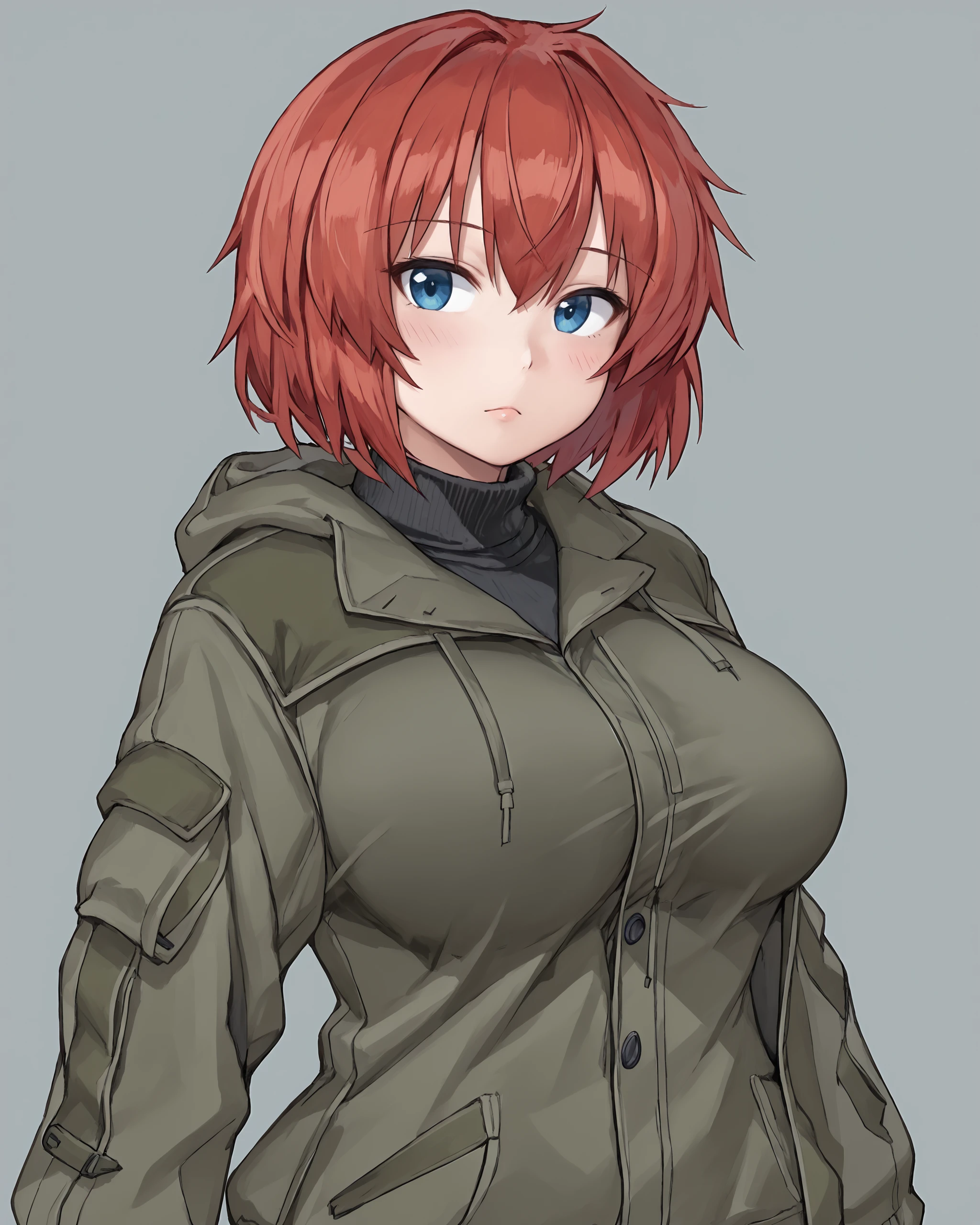 <lora:Ayesha_Drachev_v0.22:0.9> 1girl, solo, ayesha, red hair, short hair, blue eyes, large breasts, olive hoodie jacket, black turtleneck, open jacket, <lora:stmast_style:0.7> stmasterstyle,