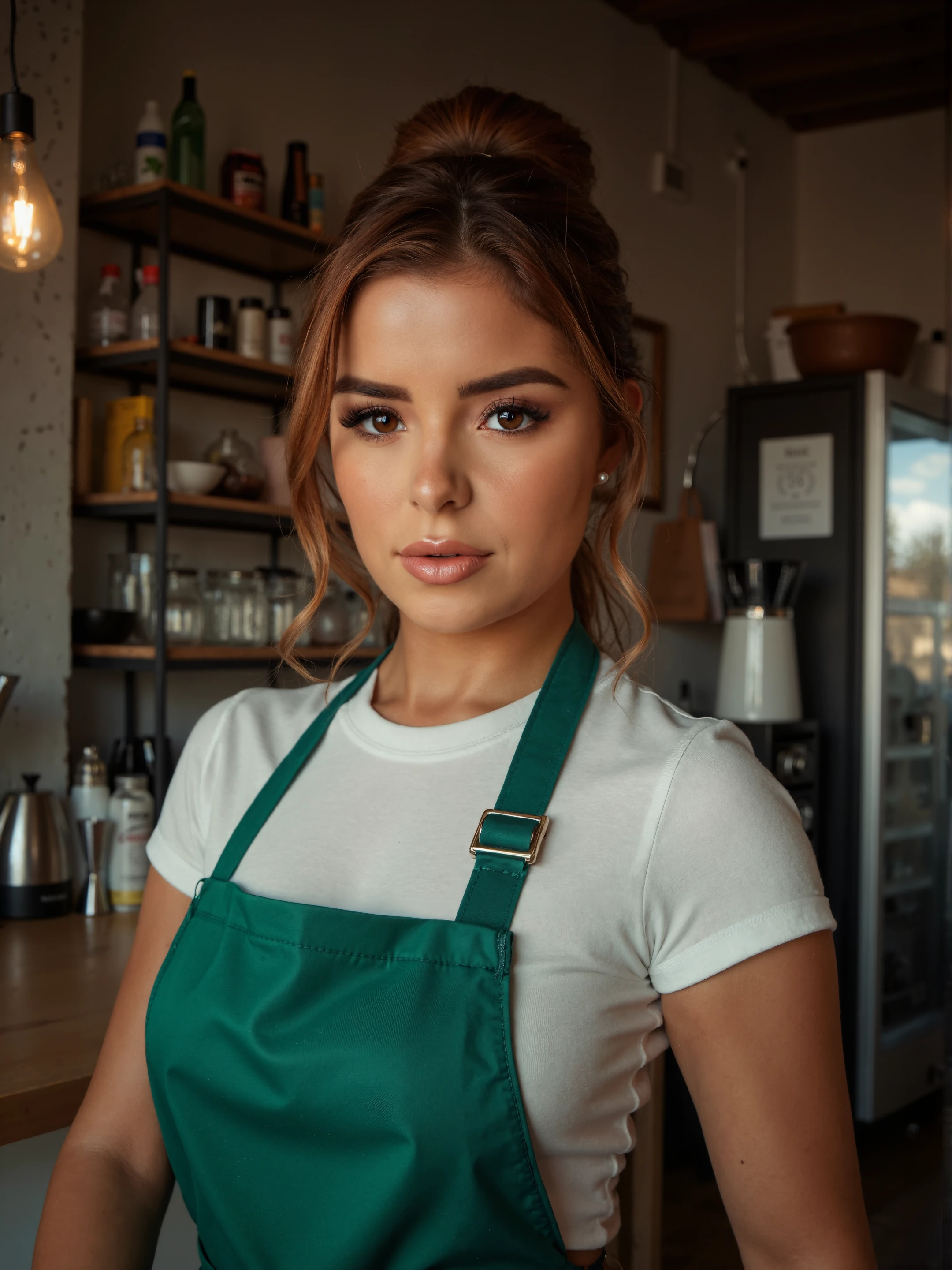 high quality professional photo, a portrait of a stunningly beautiful and busty woman was a barista behind a counter.
The woman is looking at the viewer with a sexy gaze from her detailed eyes. She has cute natural makeup on. She is wearing a white t-shirt, a green apron and pearl earrings. She has brown hair in a tight updo. The setting is a moody and cozy café during an afternoon. 
The photo is taken with an analog camera giving the composition a  vintage look. High contrast