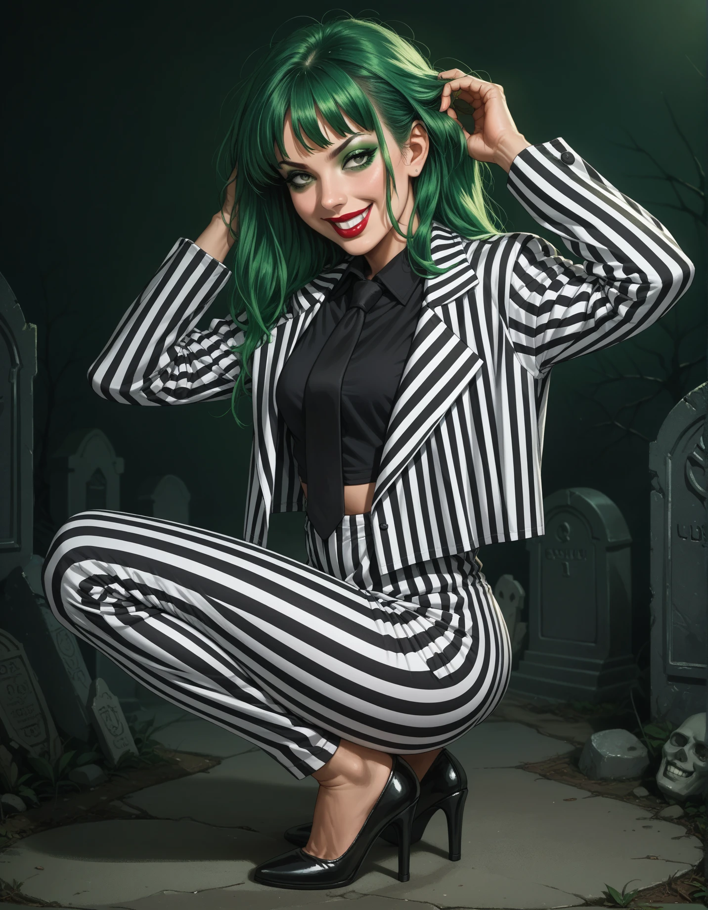 score_9, score_8_up, score_7_up, score_6_up, score_5_up, score_4_up, 1girl, long green hair, makeup, lipstick, solo, hud_b33tl3_j, pinstripe suit, striped pants, necktie, black crop top, high heels, from behind, ass, squatting, <lora:ms_beetlejuice-000008:0.8>, graveyard, arms out, evil smile, hand in own hair