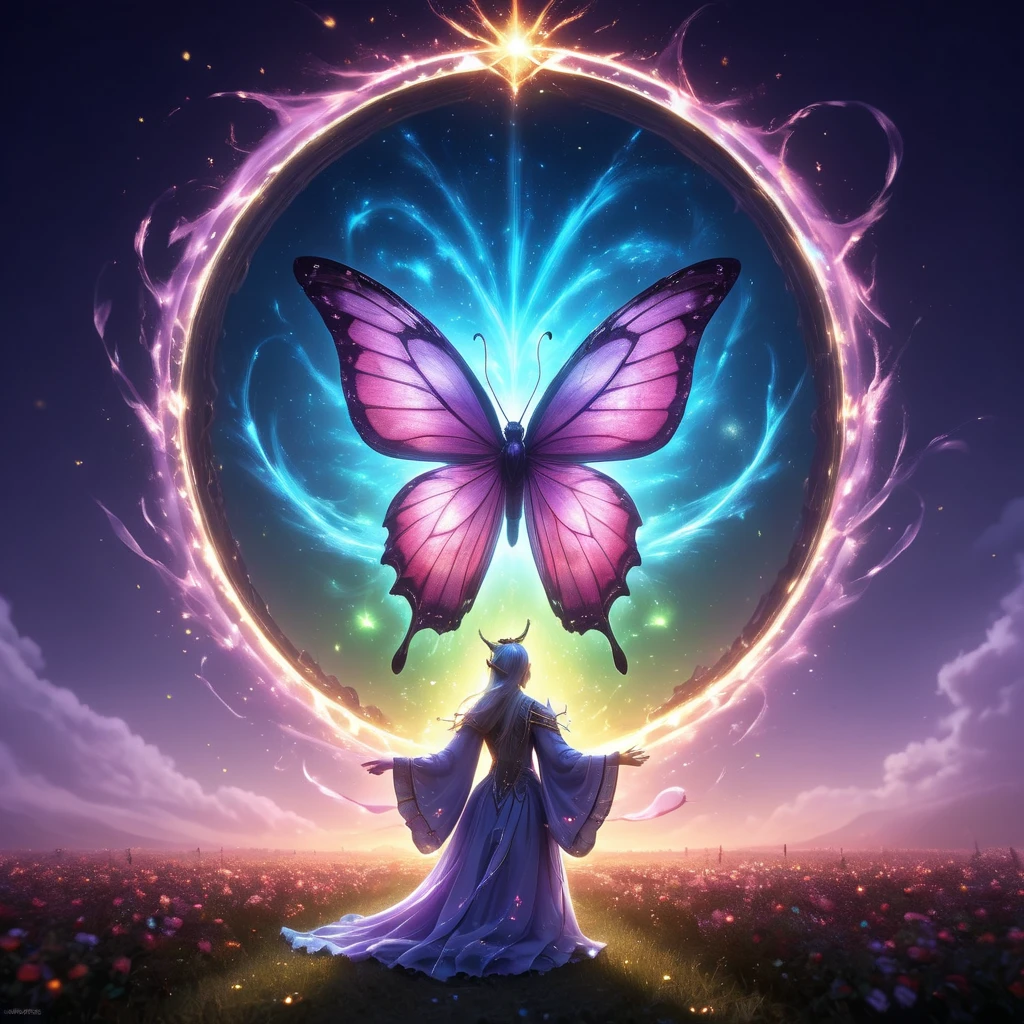 Cinematic shot of an beautiful elf princess summoning an giant colorful butterlfy from a big colorful glowing portal in the air, the butterfly is slowly appearing from the portal and enering our world, summoning portal, flower field in background, masterpiece, best quality, highly detailed, sharp focus, dynamic lighting