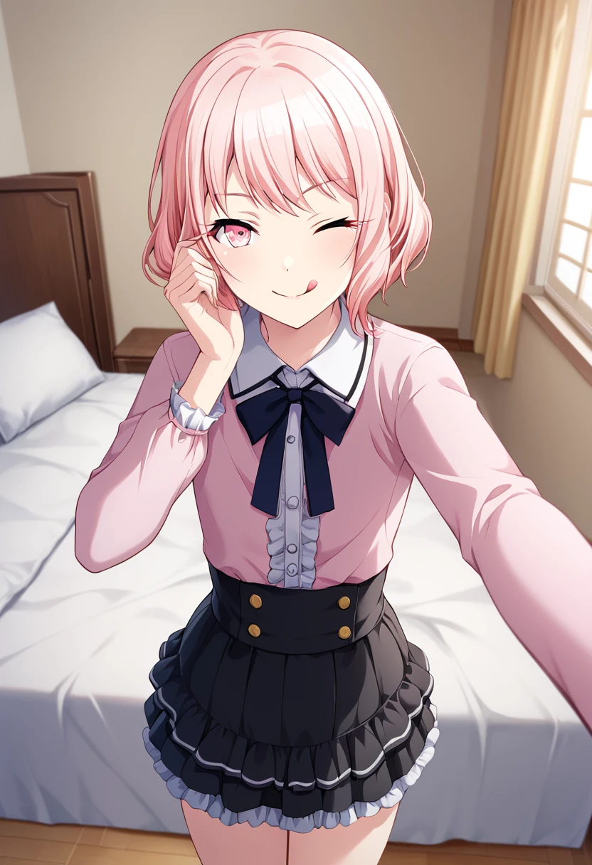 akiyama_mizuki, pink hair, pink eyes,  androgynous, 1other, official art, short hair, frilled pink shirt, jirai kei, black frilled skirt, BREAK indoors, bedroom, sitted on bed,  BREAK looking at viewer, sexy face, happy, wink, one eyes closed, tongue out,  closed mouth, cowboy shot, selfie pov, from anove BREAK score_9, score_8_up, score_7_up, source_anime ,zPDXL, perfect hand, <lora:Akiyama_Mizuki:0.8>