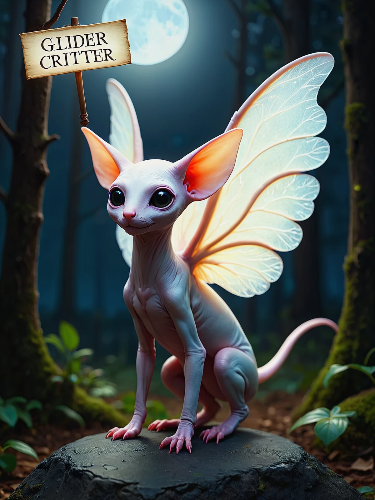 A winged critter, hairless, standing in the moonlight, holding a sign (text: "Glider Critter"). Luminous wings.

<lora:GliderCritter01-00_CE_SDXL_64x32x120x2bOT:0.6>

gldrcrtrCE style