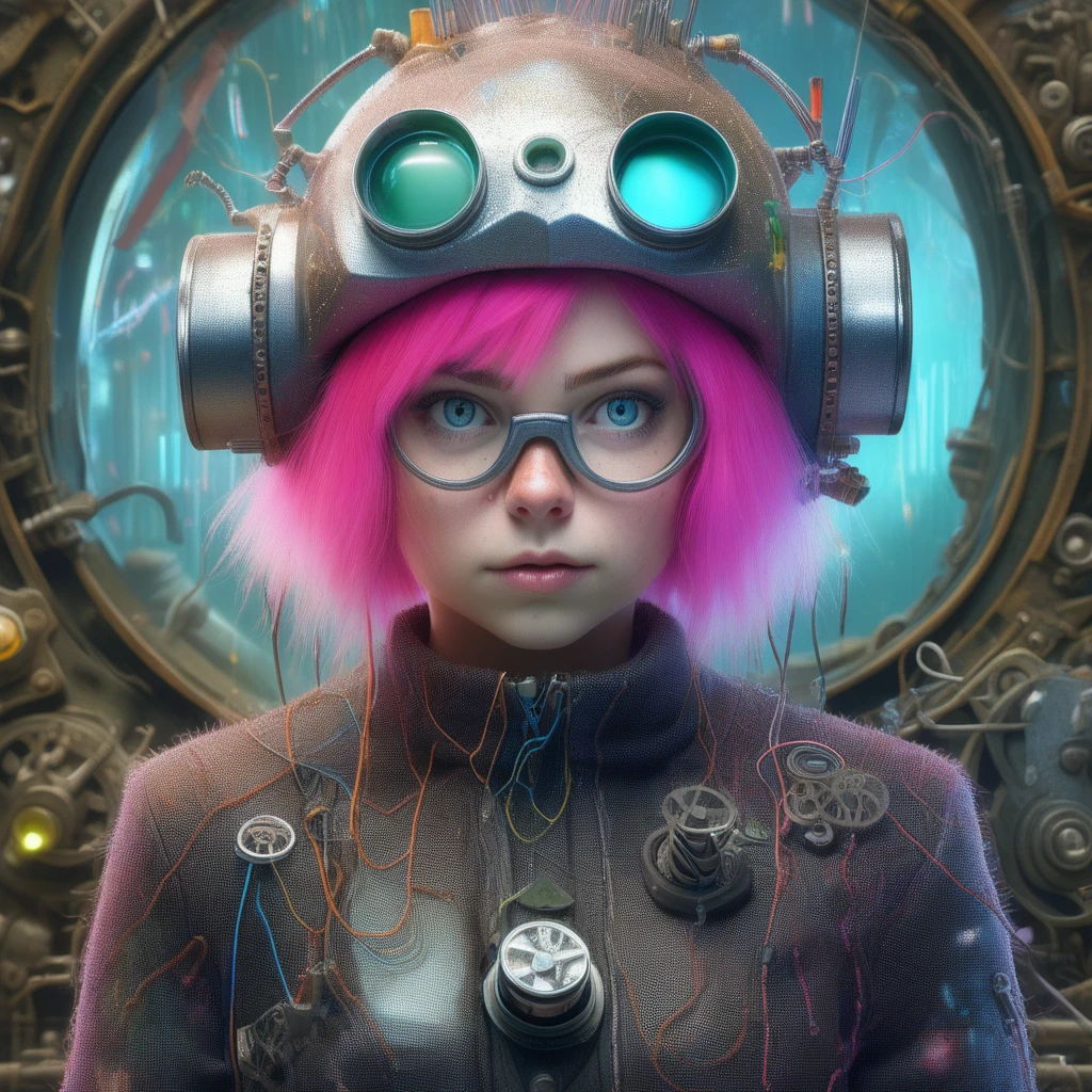 A close-up of a young gnome woman with short, spiky pink hair and pale, freckled skin as she peers through thick, multi-lensed goggles at a tiny, metallic triangle floating just above her palm. Her bright blue eyes are filled with curiosity and excitement as the triangle emits tiny sparks of electricity in her cluttered workshop filled with strange, half-finished machines and gadgets. She wears a long, patchwork coat made of various materials, some metallic and others organic, with odd tools and gears sewn into the fabric. A wide-brimmed metal helmet, equipped with additional lenses and tiny antennae, rests on her head, completing her eccentric look. As she leans in closer, the triangle begins to spin faster, sending out tiny arcs of electricity that dance around her fingers. The workshop around her hums with life, every machine and contraption buzzing in sync with the triangleâs movements. Her expression shifts from excitement to deep concentration as she tinkers with the triangleâs mechanisms, trying to unlock its hidden potential.