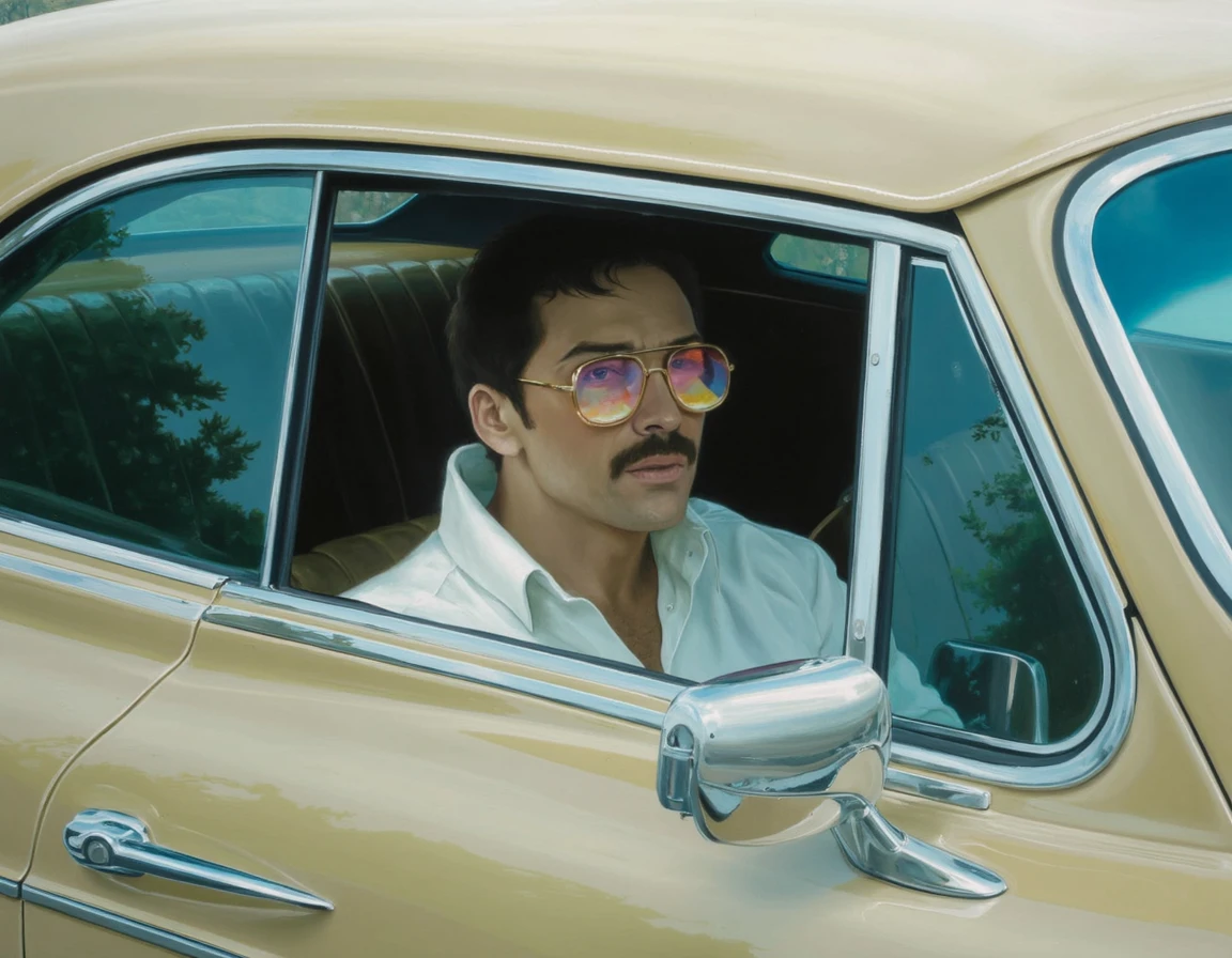 jvin, man wearing thick translucent sunglasses with pink shades and a mustache brown hair chest hair open white shirt riding in the passenger seat of a classic beige vintage car with chrome mirror with reflection of the road