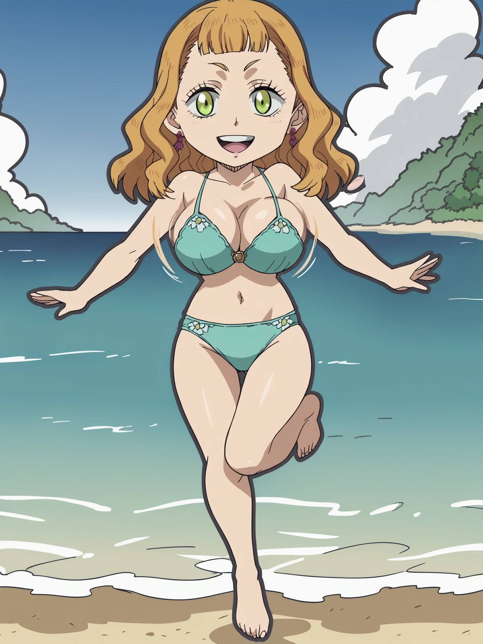 score_9, score_8_up, score_7_up, score_6_up, BREAK, source_anime, masterpiece, best quality, detailed background, anime screencap, Black Clover anime style, at the beach, sand, ocean,
<lora:Mimosa_Vermillion:.8>1girl, solo, Long hair, wavy hair, blunt bangs, green eyes, large breasts, earnings, jewelry, Chibi Mimosa,
blue two piece bikini swimsuit, cleavage, midriff, happy girl, big smile, mouth open, teeth, looking at the viewer, full body shot, jumping, in the air,
<lora:bouncing-breasts-ponyxl-lora-nochekaiser:1>, bouncing breasts, unaligned breasts, motion blur, motion lines,