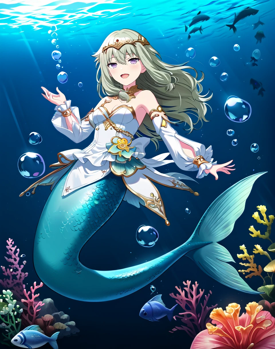 kusanagi_nene, long hair, green hair, purple eyes, small breasts,  tied sidelocks, official art, mermaid, blue scale, circlet, arm cutout, white sleeves, white dress, cleavage, gold trim, BREAK sea, underwater, ocean,detailed background, corals , fishes, bubbles,  BREAK floating into water, looking at viewer, sexy face, sexy smile, open mouth, BREAK score_9, score_8_up, score_7_up, source_anime ,zPDXL, perfect hand, <lora:Kusanagi_Nene:0.8>, full body,