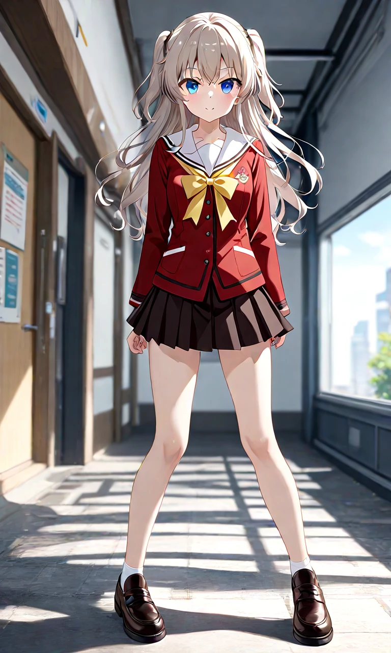 1girl, tomori nao, charlotte \(anime\), full body, school uniform, yellow ribbon, special_eyes, blue eyes, white background, simple background, (masterpiece:1.2), (best quality:1.2), (very aesthetic:1.2), (absurdres:1.2), newest, perfect anatomy, 