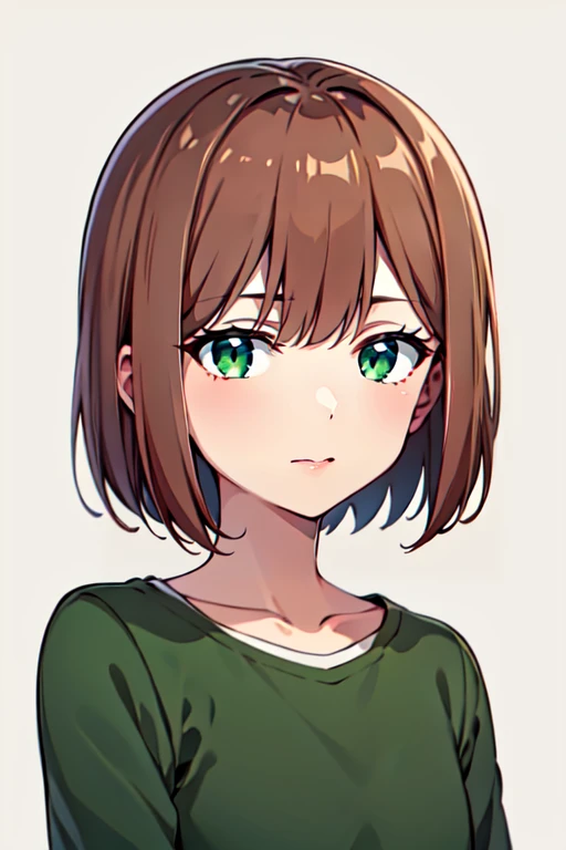 <lora:BearAceMaidR4:0.7>, BearAceMaidR4, 
1girl, brown hair, green eyes, short hair,  simple background, shirt,