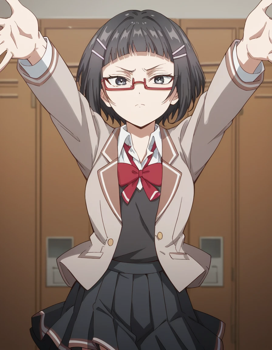 score_9, score_8_up, score_7_up, source_anime, <lora:sayaka-taniyama-s1-ponyxl-lora-nochekaiser:1>, sayaka taniyama, black eyes, black hair, short hair, bangs, blunt bangs, hair clip, glasses, red-framed eyewear,, shirt, bow, school uniform, jacket, white shirt, collared shirt, bowtie, red bow, blazer, red bowtie, black skirt, pleated skirt,, school hallway, lockers, between classes, everyday life, , looking at viewer, on back, arm support, arms up, incoming hug, pov, reaching, reaching towards viewer,, solo,, cowboy shot, dutch angle