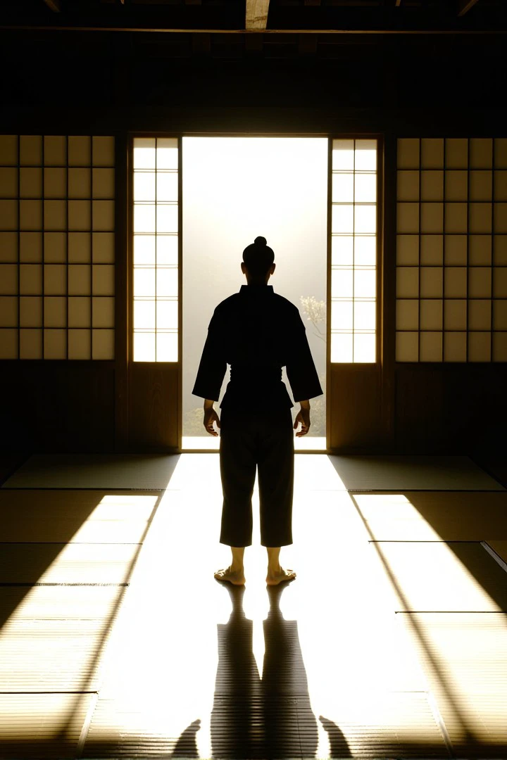 mtrixs style, cinematic, realistic, <lora:flux_02_matrix_mtrixs_style:1>
A lone fighter in a dojo: The character stands in the center of a traditional Japanese dojo, illuminated by soft sunlight streaming through the paper windows. They hold a poised stance, dressed in a simple black training outfit, with their shadow cast dramatically on the wooden floor.