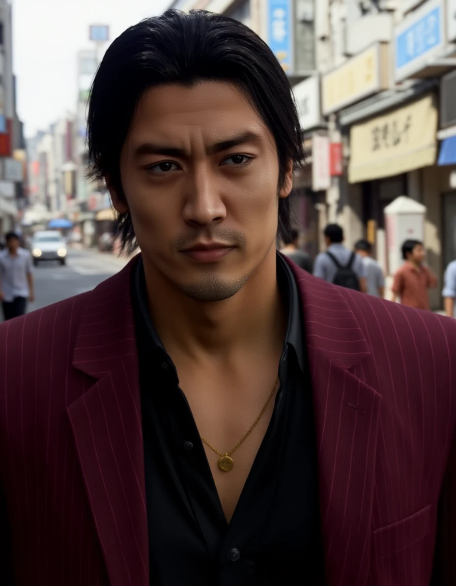 <lora:Shun Akiyama_epoch_11:1> Close-up portrait of Shun Akiyama wearing maroon striped suit, black shirt and gold necklace. He has a serious expression. The background implies a Japanese city street at daytime.