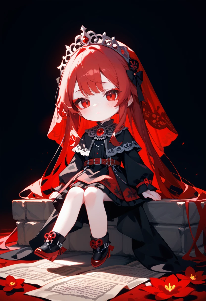 score_9, score_8_up, score_7_up,score_6_up, source_anime, rating_safe, chibi sitting crossed-legs Villainess (Ombré)/(floral-scroll) (red-hair) black-gown long-skirt layered-skirt black-lining black-trim jewelry ruby long-skirt red-veil (pale-skin:1.5) glowing-red-eyes (red-eyeliner:1.3) ruined-castle