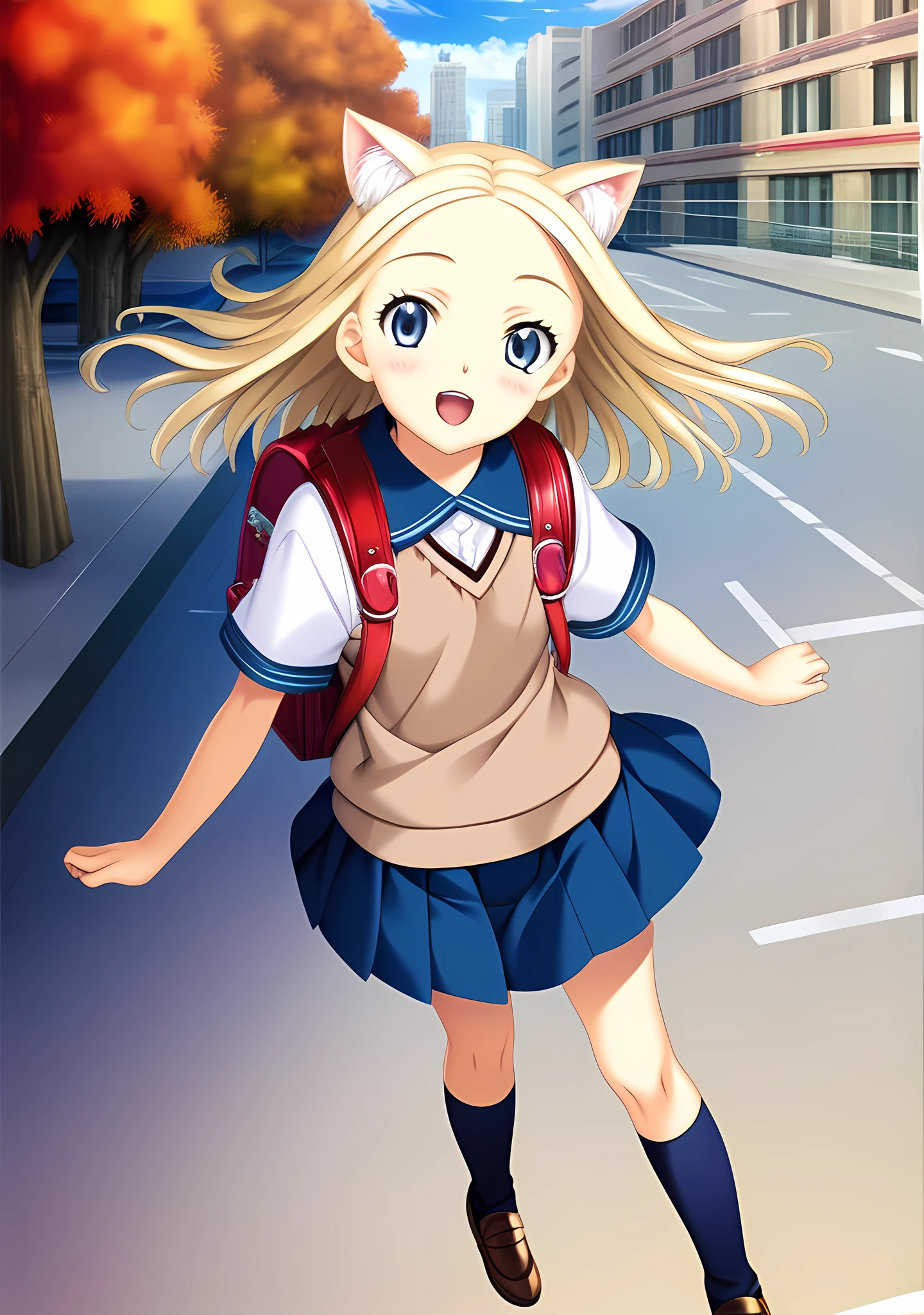 best quality,game cg,panorama,1girl,teenager,solo,looking at viewer,student,blonde hair,cat ears,;d,tokiwadai_school_uniform,(brown vest:0.9),(white shirt:0.9),(SHORT SLEEVE SHIRT:0.9),(pleated skirt:0.9),(loose_socks:0.9),(brown leather shoes:0.9),backpack,in autumn,cityscape,street,<lora:alice anotherbible ponyXL V1:1>,