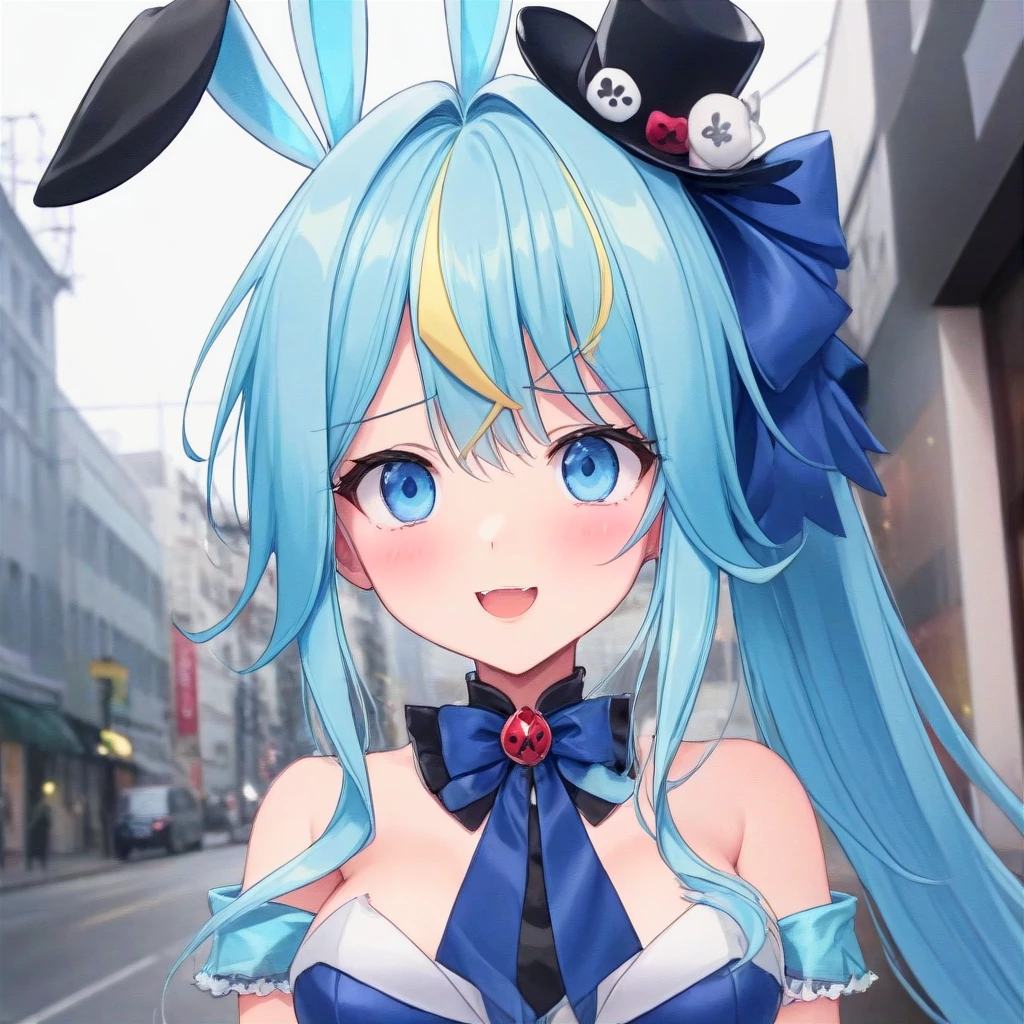 clara, blue eyes, blue hair, bangs, blush, multicolored hair, lightning bolt, long hair, solo, open mouth, virtual youtuber, anime drawing, playboy bunny, pony tail, tiny black hat, hair bow, looking at viewer, straight-on, portrait,
 <lora:CLARA-XL-t6:0.6>