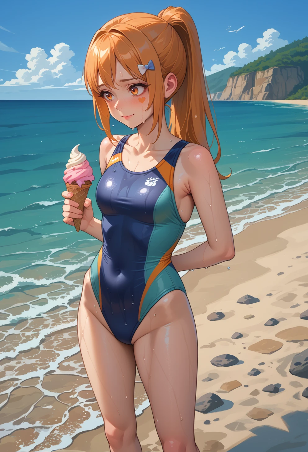 score_9, score_7_up, source_anime, solo, BREAK  <lora:AEHeddy:0.7> AEHeddy, orange eyes, orange hair, long hair, ponytail, sidelocks, facial mark, heart facial mark, hair bow, hair tie, hair clip, blue bow, white bow, wet, ocean, ice cream cone spill, nervous sweating, nervous smile, forced smile, competition swimsuit, full body, looking down, looking away, ice cream on face, cowboy shot, standing,