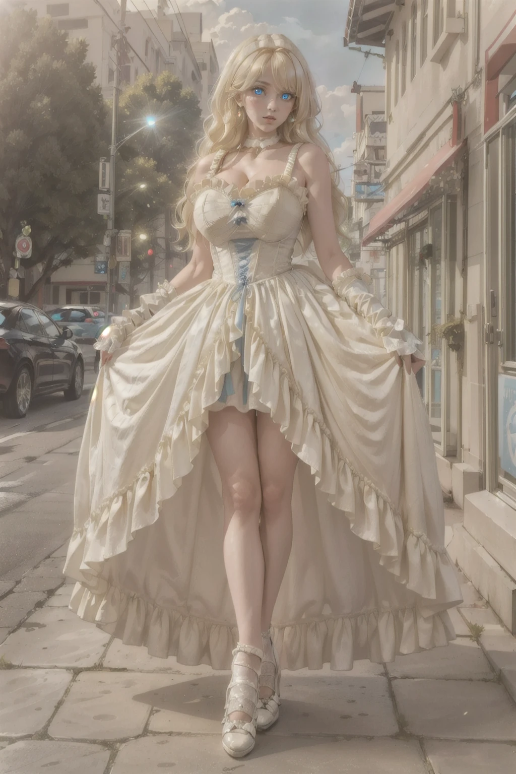 (masterpiece, best quality:1.2),illustration,8k,hd,solo,(blonde hair:1.4),1 girl,very long hair,cyan hair,solo,yg,white dress,earrings,choker,collarbone,footwear,heel,white gloves((cleavage:1.2)),huge breasts,(outdoors:1.4),(glowing blue eyes:1.3),full body,