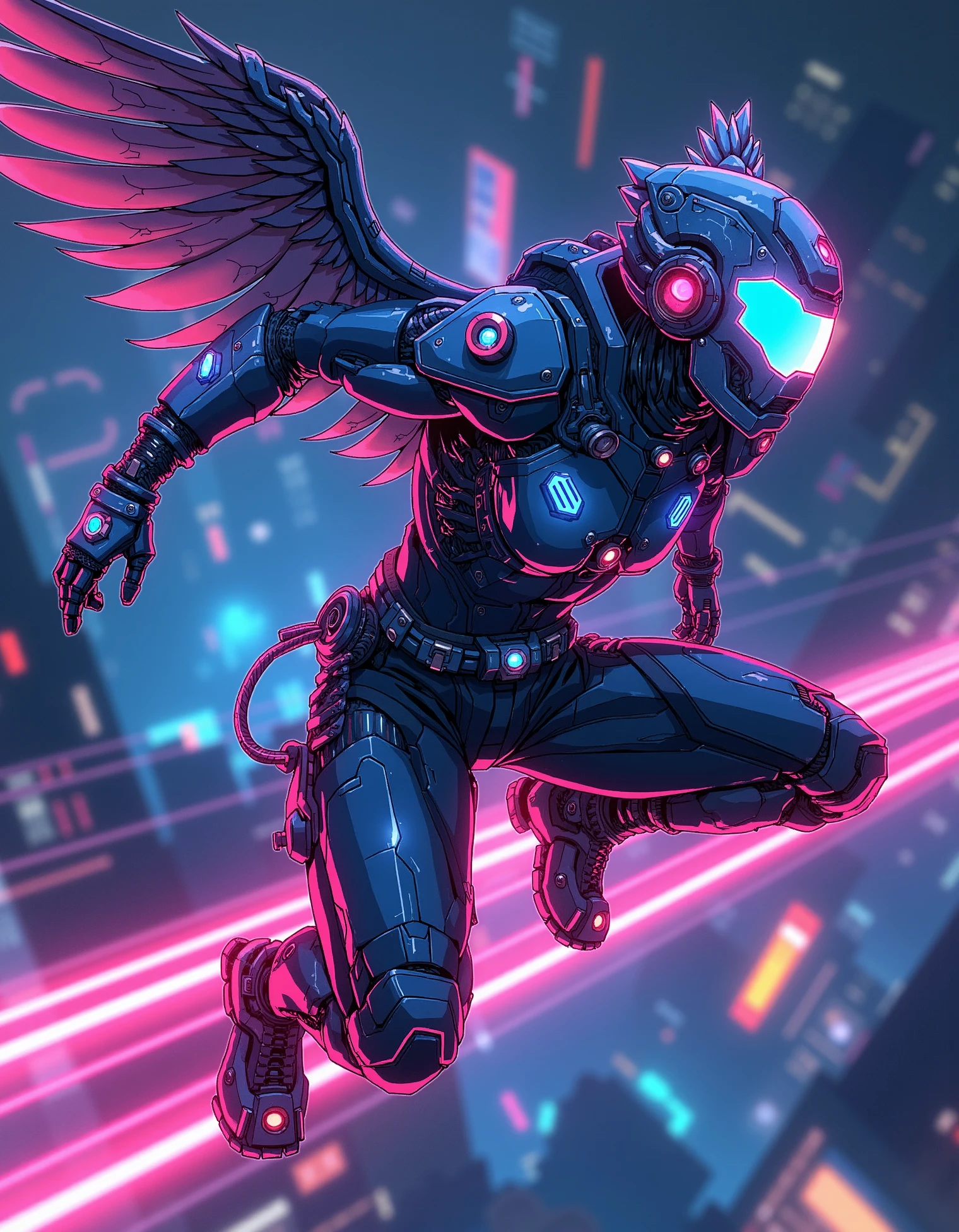 zavy-dgrnnrs, Colorful anime drawing of a cyberpunk warrior with mechanical wings, soaring through a dark, futuristic city, their body adorned with glowing circuits, and a sleek helmet with bright blue visors, leaving a trail of neon light behind them