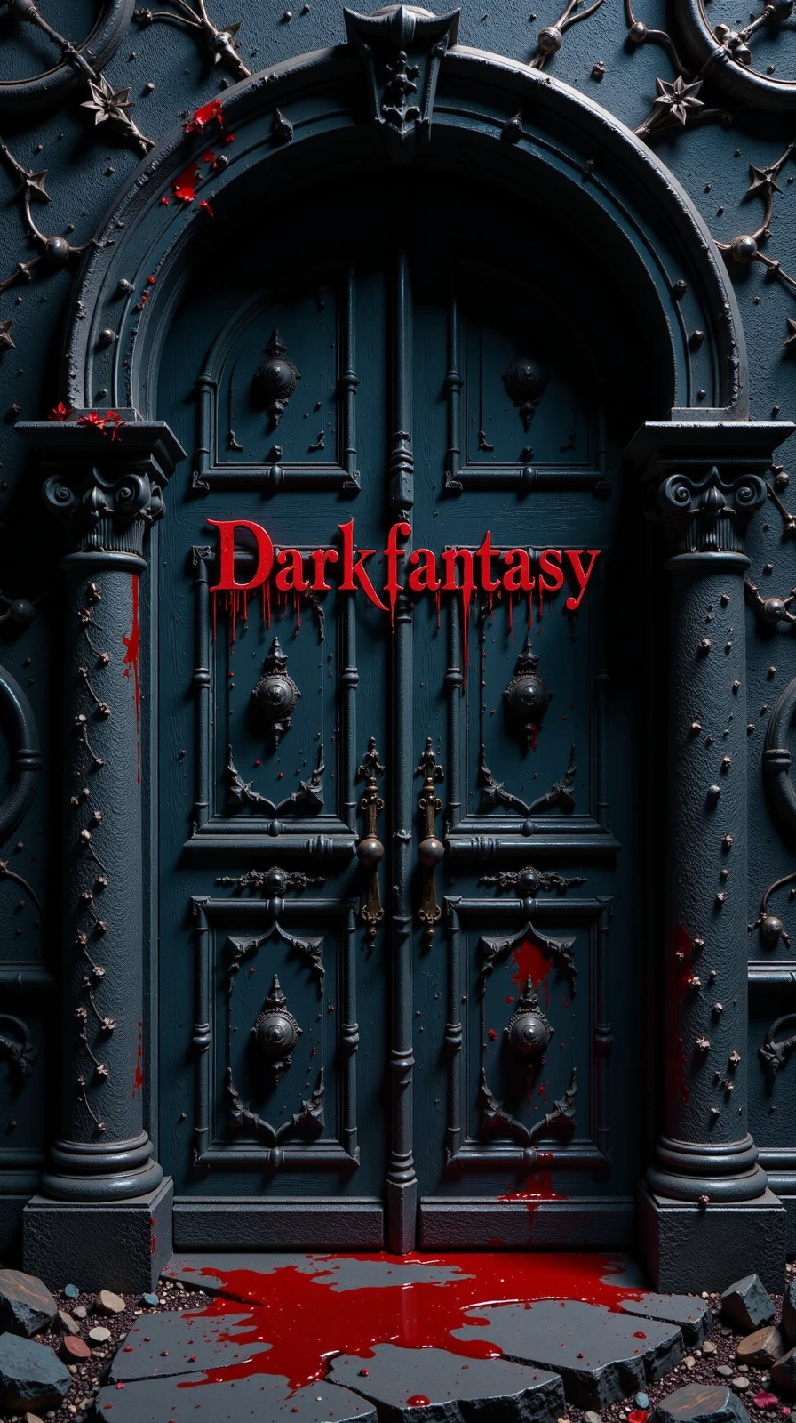 dark fantasy, eerie, horror, dark fantasy, eerie, horror, a close up of a castle door , on the door is a text " Darkfantasy" written in blood prominently displayed,<lora:Flux Darkfantasy_epoch_1:1>,