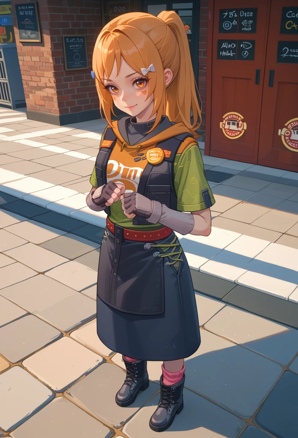 score_9, score_7_up, source_anime, solo, BREAK  <lora:AEHeddy:0.85> AEHeddy, orange eyes, orange hair, long hair, ponytail, sidelocks, facial mark, heart facial mark, hair bow, hair tie, hair clip, blue bow, white bow, hoodie, black skirt, black vest, green shirt, short sleeves, black gloves, fingerless gloves, grey gloves, apron, badge, red belt, long skirt, pink socks, black footwear, boots, 
(full body:1.2), smile, clenched hands,