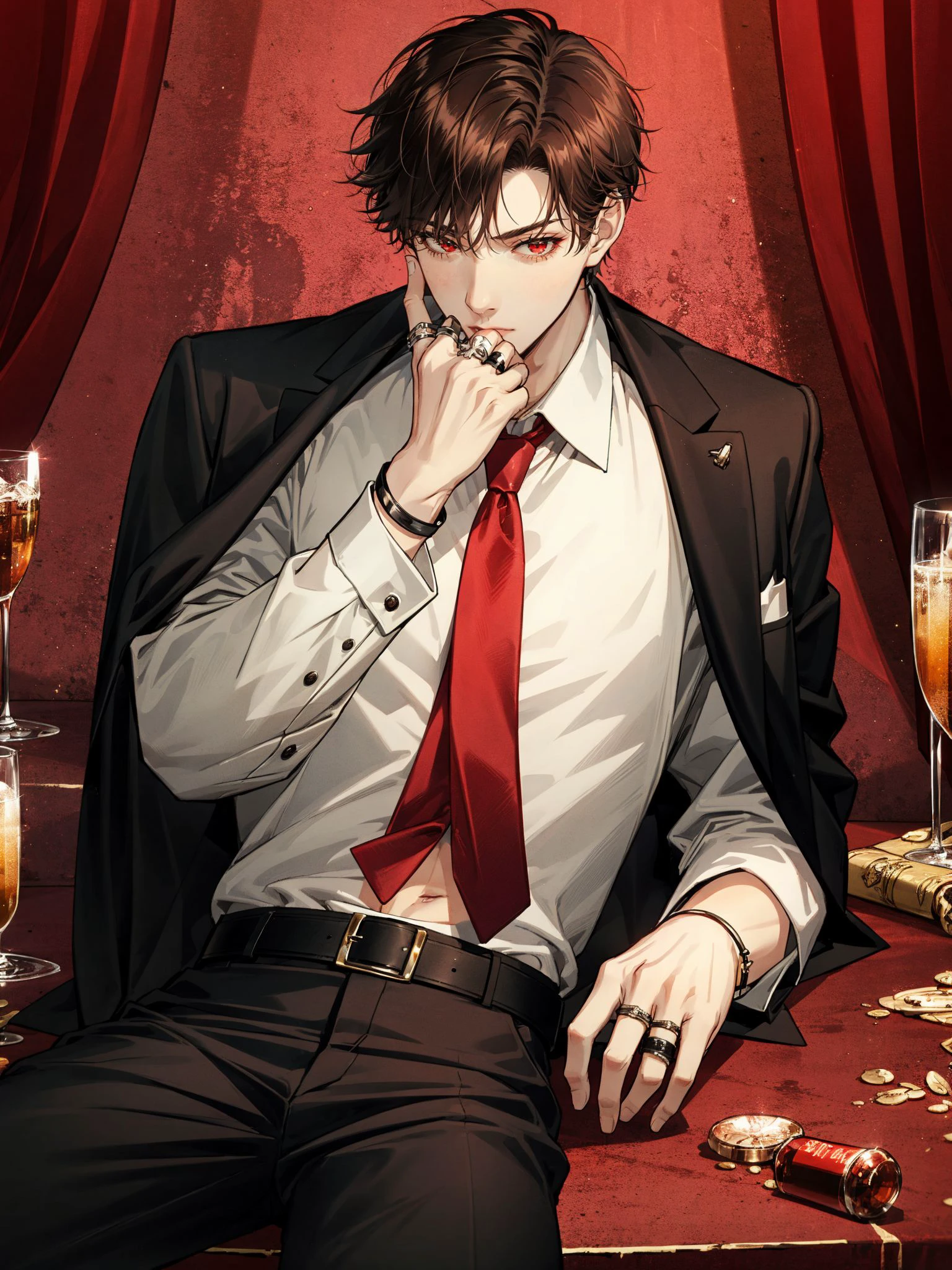 best quality, masterpiece, highres, solo, (exusiai_arknights:1.10), (black business suit:1.40), (tie:1.20), (sunglasses:1.25), (white gloves:1.15), (white shirt:1.10), (black skirt:1.15), (smoking:1.20), handsome, 24 <lora:exusiai_arknights:0.80>