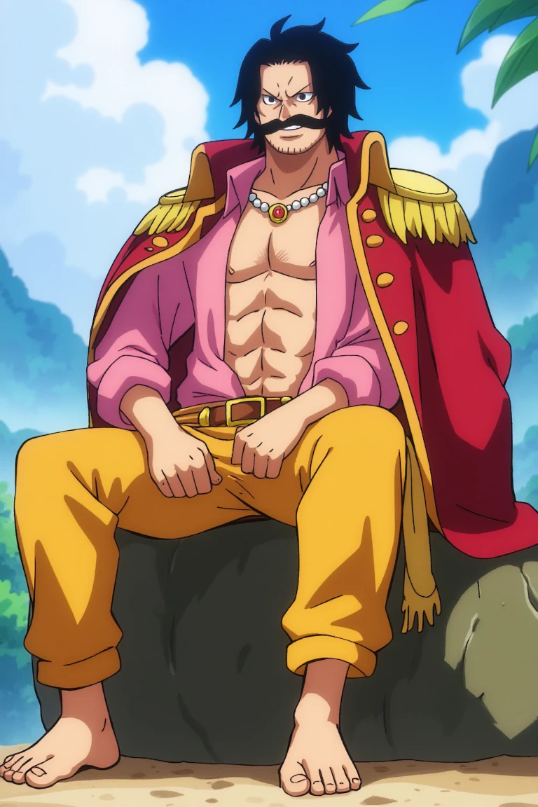 anime, sitting on a rock, RogerOP has black hair, facial hair, mustache, and black eyes, smiling, he is wearing red-yellow coat on shoulders, wearing a an open pink shirt, scar, with yellow epaulettes, wearing yellow pants, wearing brown belt, wearing light yellow waist cloth, with grey pearl beads waist accessory, with gold necklace, barefoot