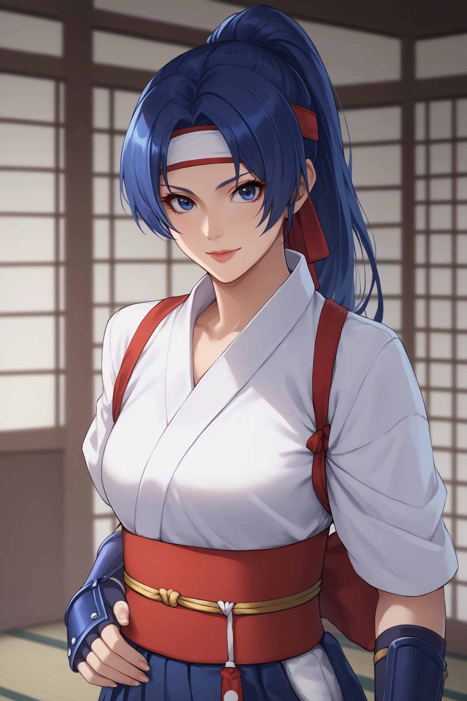 todoh kasumi, long hair, blue hair, ponytail, headband, blue eyes, japanese clothes, douki, blue gloves, fingerless gloves, blue arm guards, hakama, white shirt, red obi, red back bow, hakama pants, blue pants, white socks, white tabi, flip-flops, <lora:Kasumi_Todoh:0.8>, score_9, score_8_up, score_7_up, score_6_up, score_5_up, source_anime, rating_safe, medium breasts, indoors, 1girl, solo, looking at viewer, <lora:age_slider_v4:1>, (upper body:1.4), standing