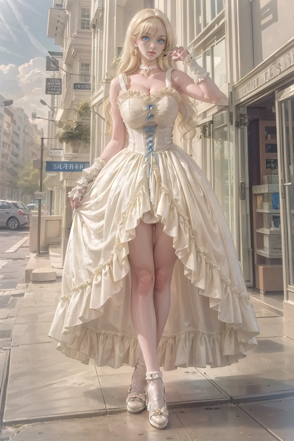 (masterpiece, best quality:1.2),illustration,8k,hd,solo,(blonde hair:1.4),1 girl,very long hair,solo,yg,white dress,earrings,choker,collarbone,footwear,heel,white gloves((cleavage:1.2)),huge breasts,(outdoors:1.4),(glowing blue eyes:1.3),full body,