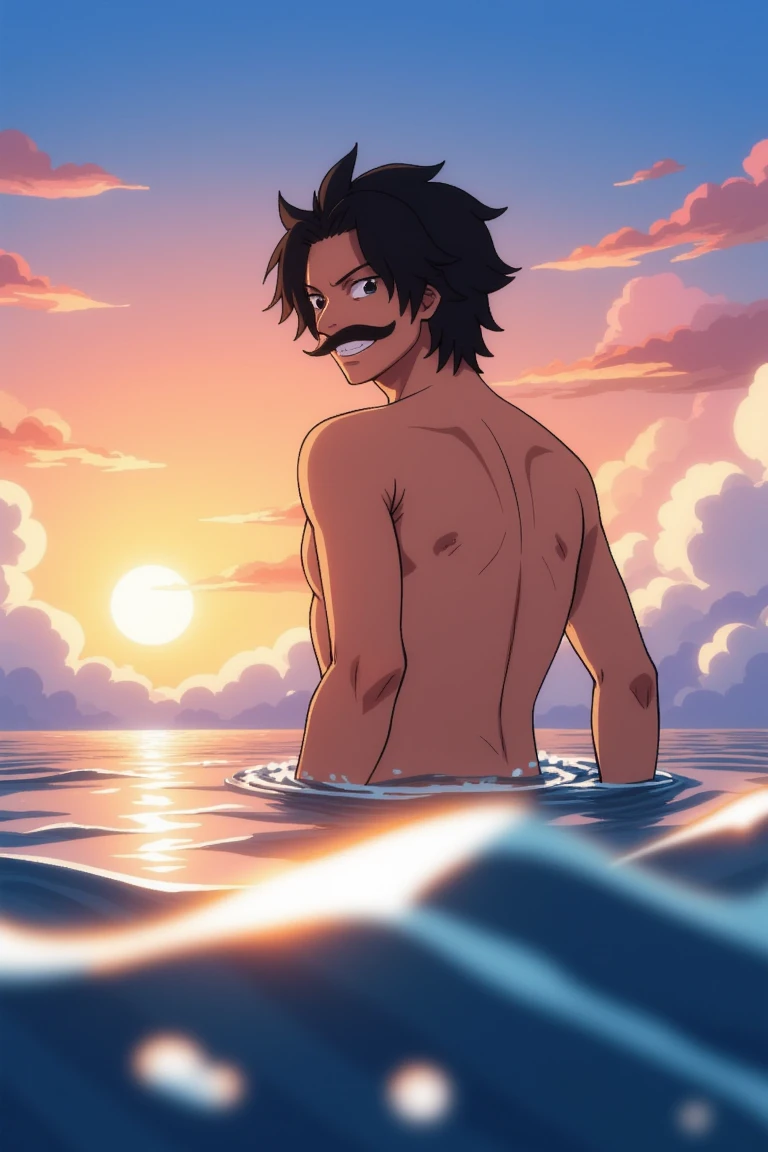 from behind with foreground water blur, anime, RogerOP has black hair, facial hair, mustache, and black eyes, smiling, he is looking back at the viewer, he is topless as he surfaces from the water, a sunrise in the background