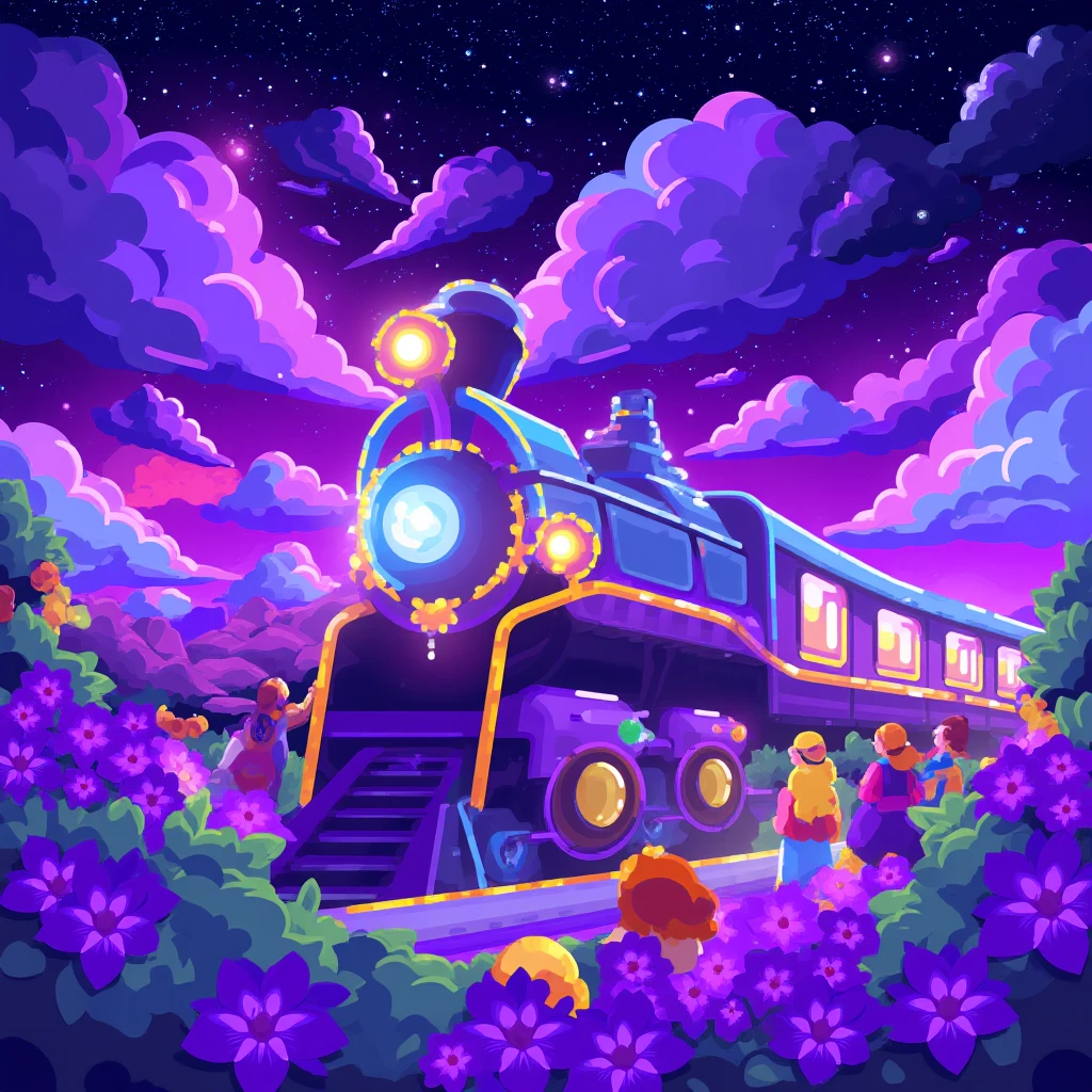 Kurzgesagt style, illustration of a train detailed with blooming flowers, ethereal cloud animals with shimmering outlines, passengers gazing in awe, vast sky with swirling galaxies, cosmic colors (purples, blues, pinks), dramatic lighting, mystical atmosphere,  <lora:Kurzgesagt_style_vector_graphics_FLUX_v1_r1-000031:1>