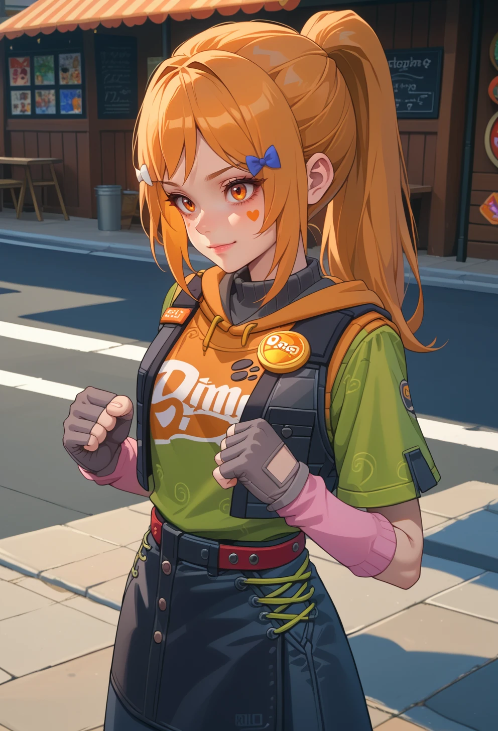 score_9, score_7_up, source_anime, solo, BREAK  <lora:AEHeddy:0.85> AEHeddy, orange eyes, orange hair, long hair, ponytail, sidelocks, facial mark, heart facial mark, hair bow, hair tie, hair clip, blue bow, white bow, hoodie, black skirt, black vest, green shirt, short sleeves, black gloves, fingerless gloves, grey gloves, apron, badge, red belt, long skirt, pink socks, black footwear, boots, 
full body, smile, clenched hands,