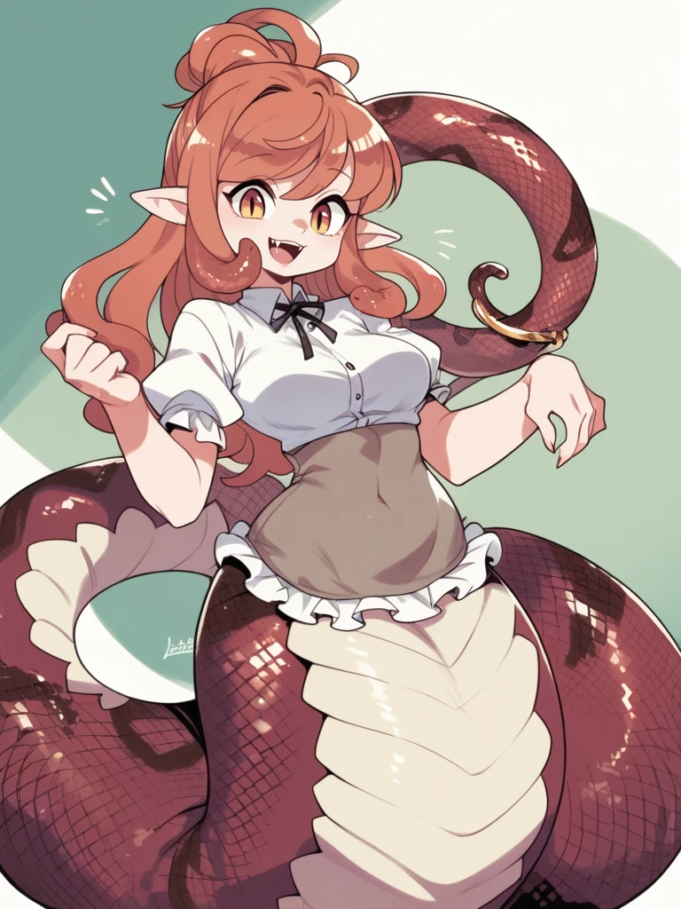 score_9, score_8_up, score_7_up, score_6_up, 1girl, solo, flat color,
<lora:mogal:1> mogal, monster girl, lamia, pointed ears, snake tail, fur-trimmed dress,