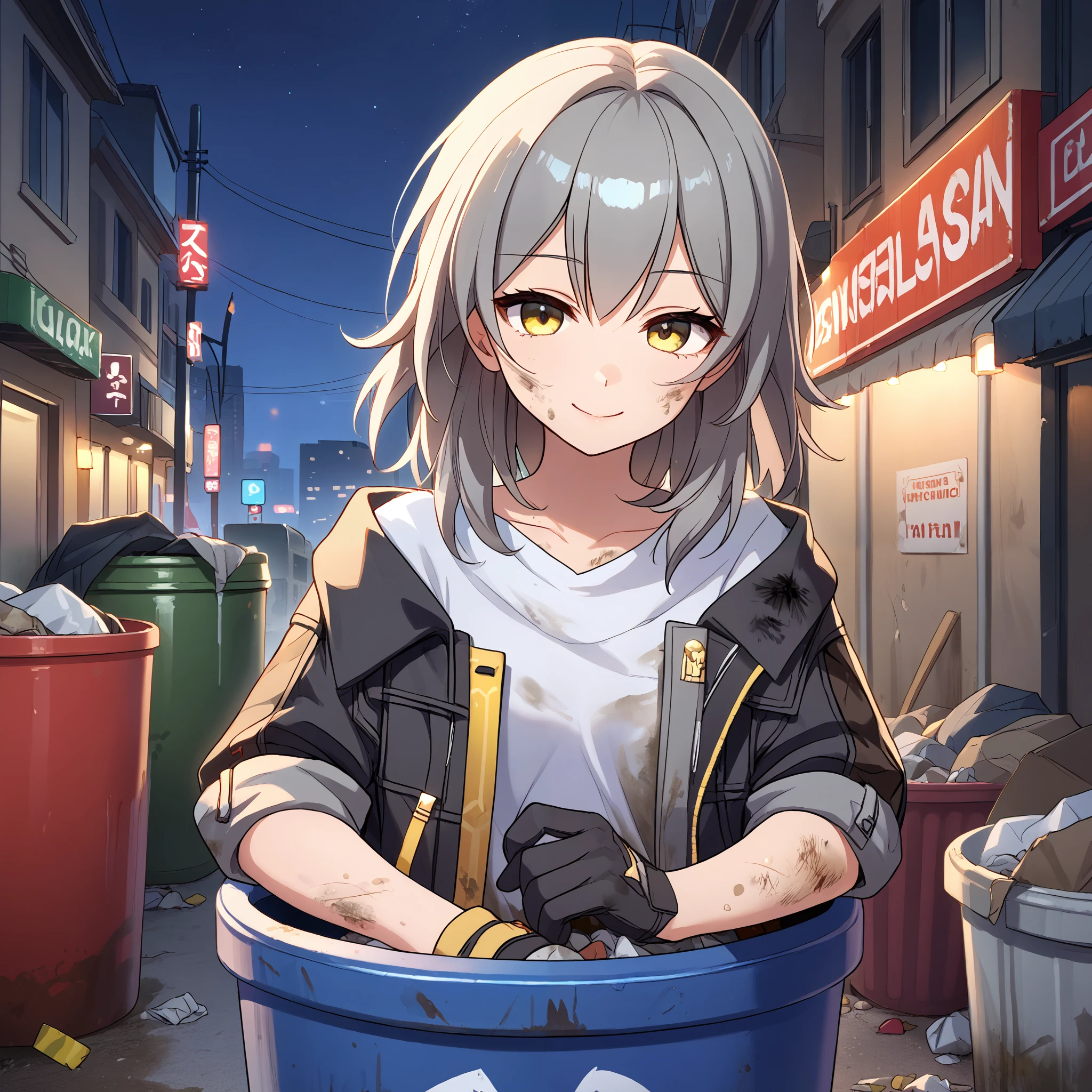 score_9, score_8_up, score_7_up, score_6_up, score_5_up, score_4_up, BREAK source_anime, look at viewer, rating_safe, 1girl, solo, outdoors, night, city, in container, hiding, in trash can, grey trash can, dirty, smiling,  masterpiece, best quality, high detailed skin,  stelle \(honkai: star rail\), stelle def, medium hair, grey hair, yellow eyes, black jacket, open jacket, jacket, coat, white shirt, black gloves,