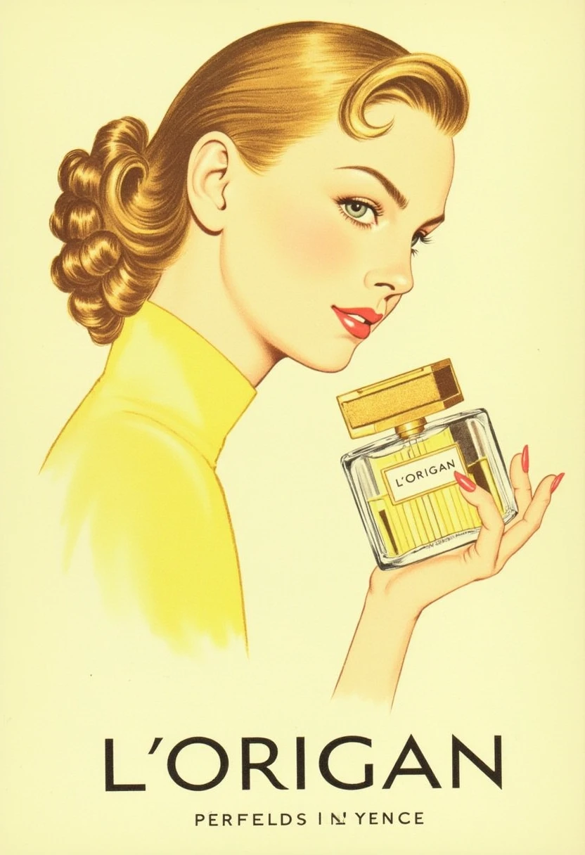 The image is a vintage perfume advertisement for L'Origan, created in a classic, elegant style. The illustration is rendered in a soft, muted color palette with shades of yellow, beige, and gold, evoking a luxurious, sophisticated atmosphere. 

The central figure is a woman, depicted in a stylized, artistic manner, reminiscent of mid-20th-century fashion illustrations.