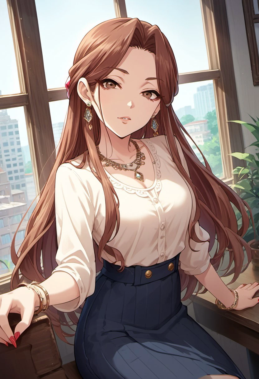 score_9, score_8_up, score_7_up, source_anime, zaizen tokiko, long hair, brown hair, brown eyes, 1girl, jewelry, necklace, solo, bracelet, nail polish, red nails, looking at viewer, earrings, sitting, window, skirt