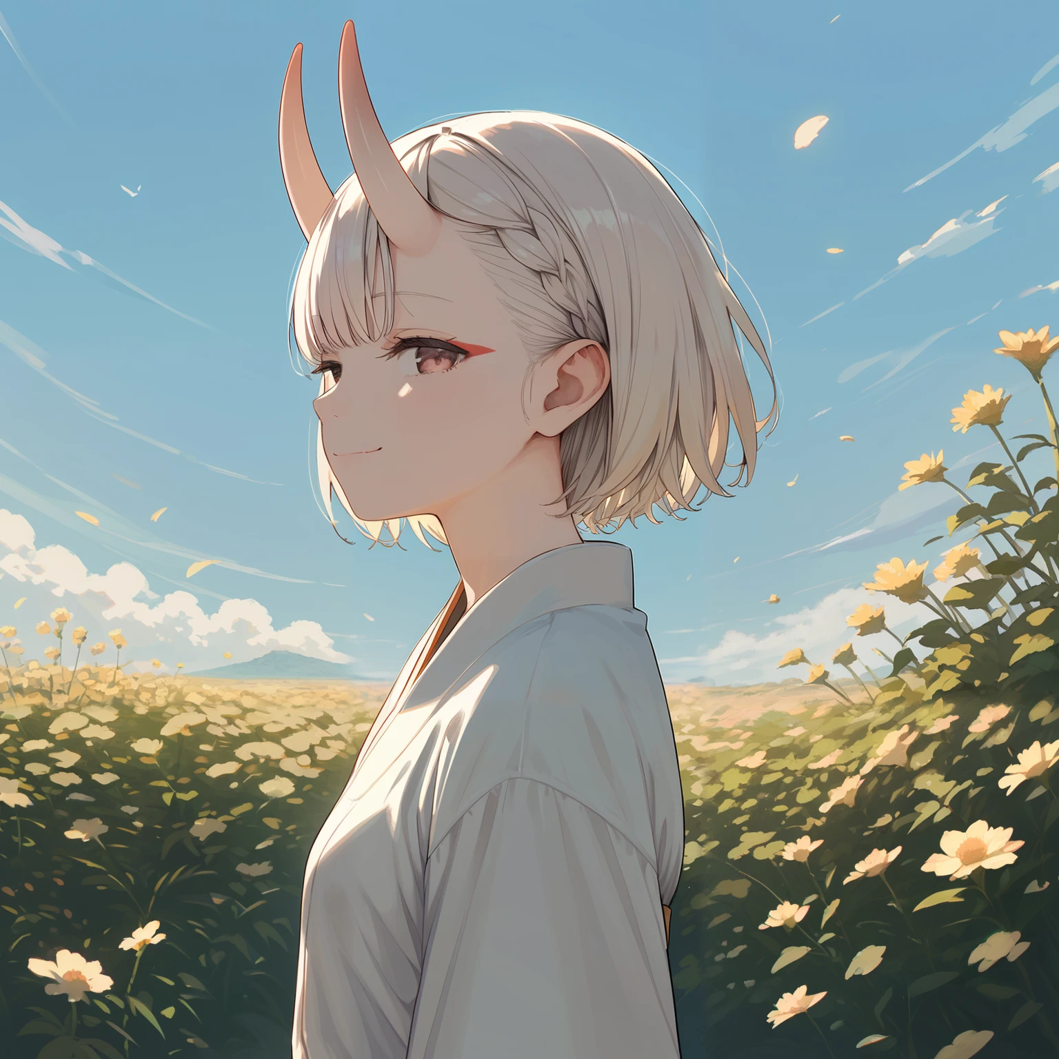 score_9, score_8_up, score_7_up, best quality,
source_anime,
rating_safe,

best_quality, incredibly_absurdres,
outdoors,

(solo, 1girl:1.1), albino,

blonde_hair,
blunt_bangs,
short_hair,

brown_eyes, looking_at_viewer,

small_breasts,
narrowed_eyes, smile, closed_mouth,
japanese_clothes, oni_horns,

from_side,