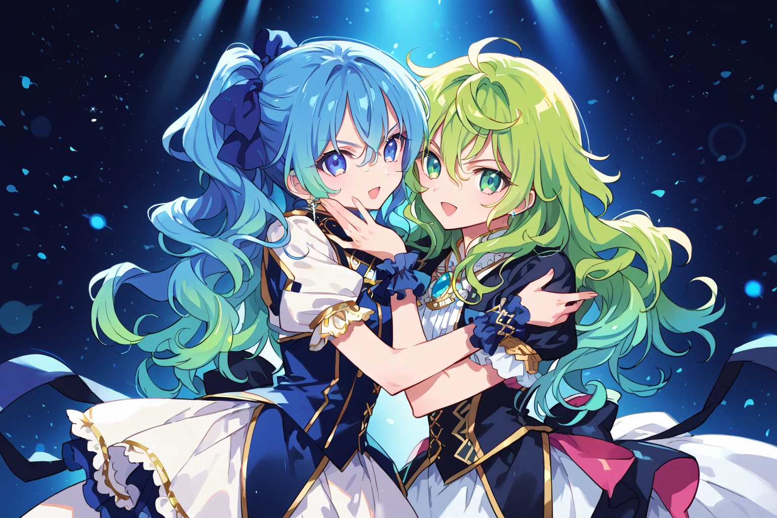 score_9, score_8_up, score_7_up, BREAK 2d, source_anime, (shiny), pastel colors, mer0, 2girls, green hair, low ponytail, long hair, detailed face, hair between eyes, idol clothes, tareme, puffy short sleeves, bracelet, jewelry, frills, frilled gloves, ballet shoes, cowboy shot, upper body, (side-by-side), blue hair, gradient hair, side ponytail, very long hair, wavy hair, hair bow, (dynamic pose:1.2), leg ribbon, ribbon, standing, hug, happy, angry, expressions, cross-laced footwear, cinematic shot, hyperdetailed, hyperrealistic, lively, fun, thighhighs, beautiful, moody lighting, dark, dark room, facing viewer, soft, motion blur, bokeh, glowing particles, hands down, striped background, (color coordination:1.1)