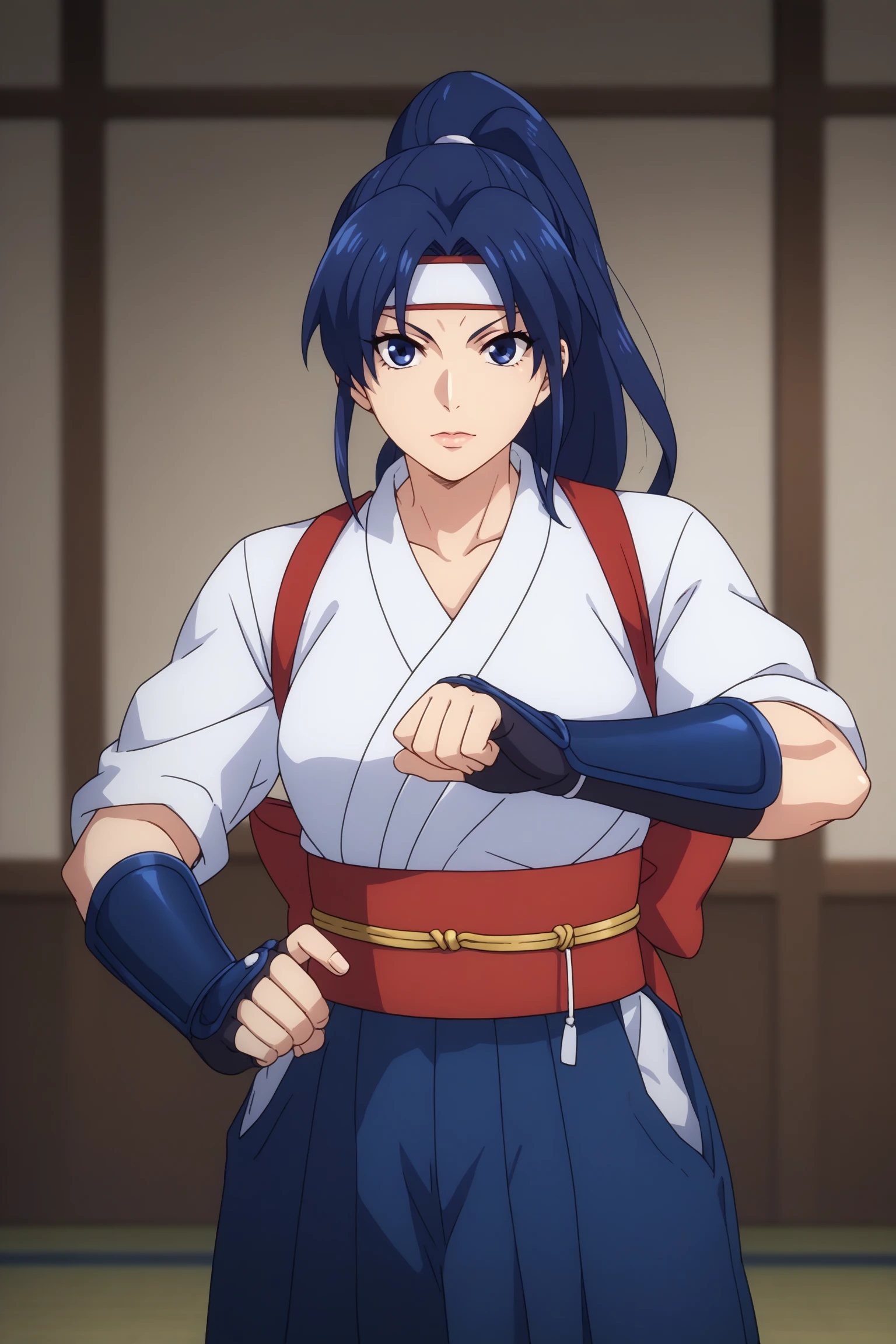 todoh kasumi, long hair, blue hair, ponytail, headband, blue eyes, japanese clothes, douki, blue gloves, fingerless gloves, blue arm guards, hakama, white shirt, red obi, red back bow, hakama pants, blue pants, white socks, white tabi, flip-flops, <lora:Kasumi_Todoh:0.8>, score_9, score_8_up, score_7_up, score_6_up, score_5_up, source_anime, rating_safe, medium breasts, indoors, 1girl, solo, looking at viewer, <lora:age_slider_v4:2>, (upper body:1.4), standing, fighting pose