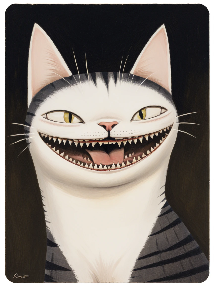 <lora:kimslateSDXL:0.8> kimslate, no humans, kimart, animal focus, sharp teeth, cat, white border, traditional media,