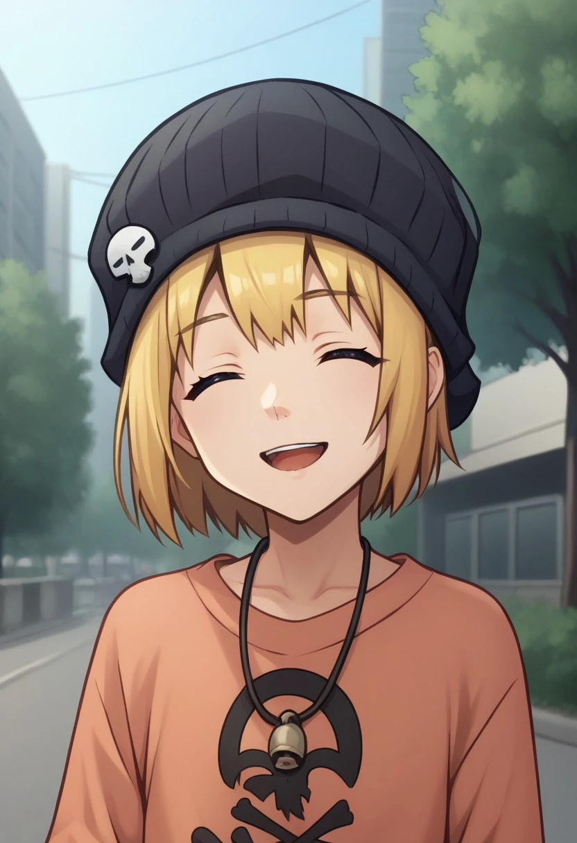 score_9, score_8_up, score_7_up, source_anime, highly detailed, 
raimu, solo, blue eyes, blonde hair, hat, smile, open mouth, closed eyes, shirt, black headwear, beanie, long sleeves, short hair,  bangs, skull print, 1girl, orange shirt, sleeves past wrists, upper body,
outdoor, street, tree,