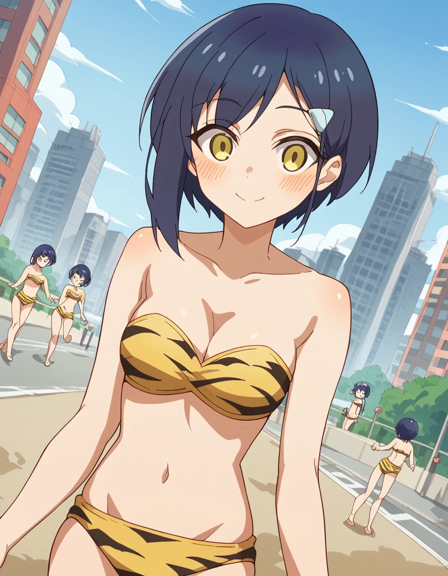 score_9, score_8_up, score_7_up, source_anime, <lora:chiharu-tsubameya-s1-ponyxl-lora-nochekaiser:1>, chiharu tsubameya, short hair, hair ornament, blue hair, yellow eyes, hairclip,, <lora:lum-cosplay-ponyxl-lora-nochekaiser:1>, lumcosplay, navel, cleavage, swimsuit, bikini, strapless, animal print, yellow bikini, tiger print, strapless bikini,, outdoors, cityscape, street, smile, blush,, , cowboy shot, dutch angle