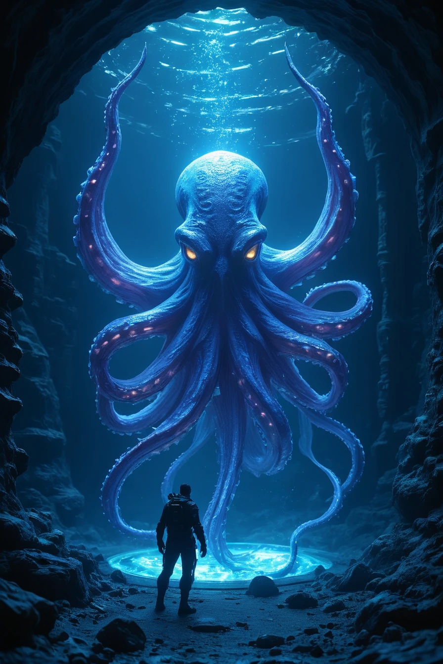 Cinematic shot of an oldschool diver summoning an giant evil octopus from a big blue glowing portal, the octopus is slowly appearing from the portal and enering our world, summoning portal, under water, masterpiece, best quality, highly detailed, masterpiece, best quality, highly detailed, sharp focus, dynamic lighting