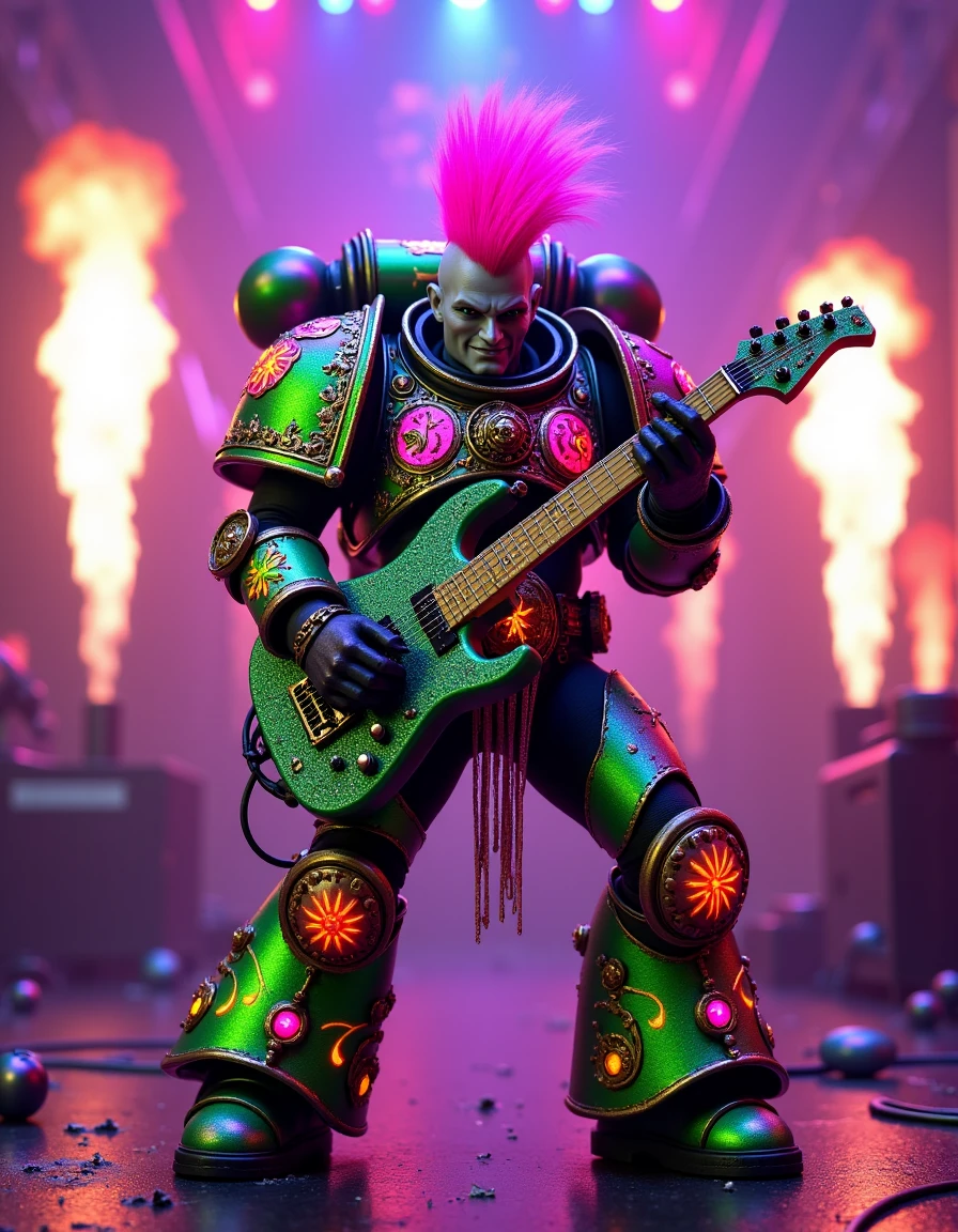 Imagine a vivid, explict and uncensored photorealistic high-definition 8k professional image featuring a Noise Marine in Space Marine Power Armor with a bright pink quiff playing an electric guitar blaster cannon on a stage surrounded by rainbow pyrotechnics, his neon green, pink and yellow armor is covered in elaborate glowing symbols and glitter