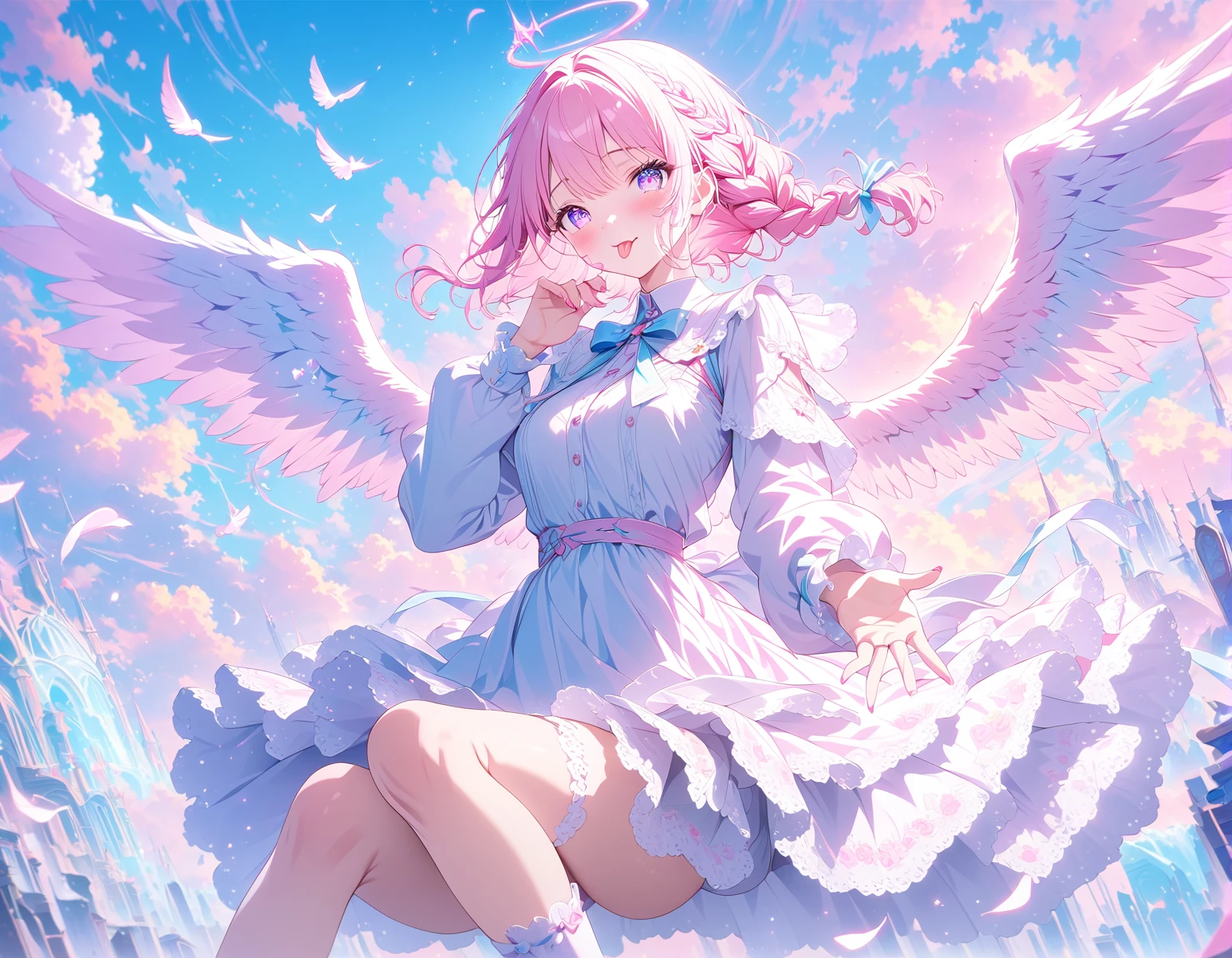 <lora:Blue_Alive:1> pink nails, cloudy sky, tongue out, long sleeves, braid, scenery, angel wings, pastel colors, socks, ,best quality ,masterpiece, illustration, an extremely delicate and beautiful, extremely detailed ,CG ,unity ,8k wallpaper, Amazing, finely detail, masterpiece,best quality,official art,extremely detailed CG unity 8k wallpaper,absurdres, incredibly absurdres, huge filesize , ultra-detailed, highres, extremely detailed,beautiful detailed girl, extremely detailed eyes and face, beautiful detailed eyes,light on face,1girl, 4k , masterpiece