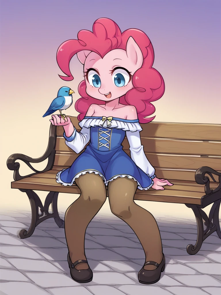 zPDXL3, 1girl, solo, flat color, 
<lora:shepherd:0.9> sh3p3rd, double vertical stripe off-shoulder dress, brown thighband pantyhose, cross-laced footwear, pinkie pie \(mlp\), sitting on a park bench, feeding birds with a gentle expression