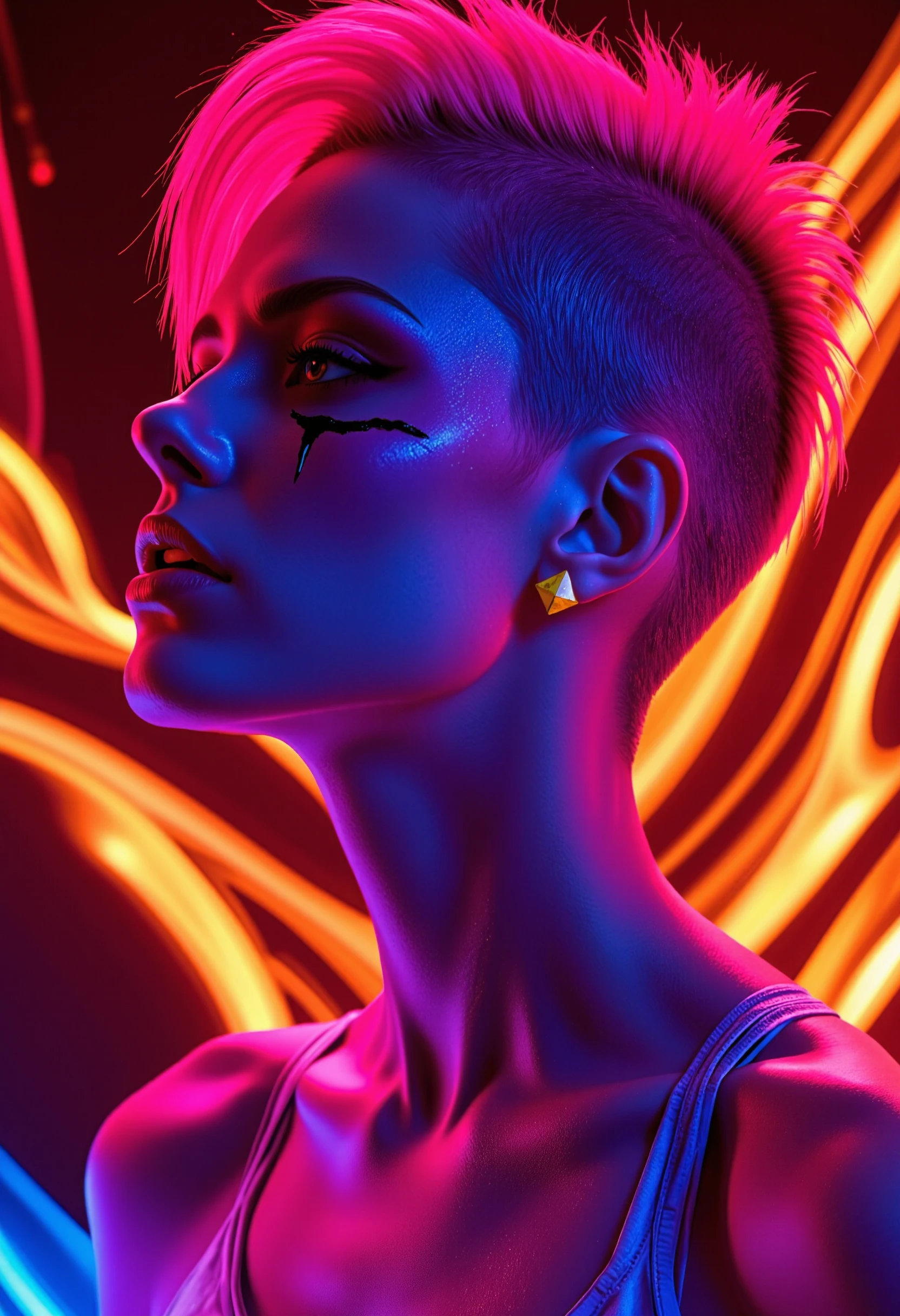 A striking portrait of a woman with a shaved undercut and bold pink-to-purple gradient hair, standing against a swirling background of abstract flames and bright neon accents. Her face is focused in profile, showcasing her intense expression, sharp geometric earrings, and streaks of dark face paint under her eye. The composition captures a sense of raw power and rebellion, blending vibrant brushstrokes with bold colors in a style similar to Pascal Campion or vibrant digital art with a cinematic flair.