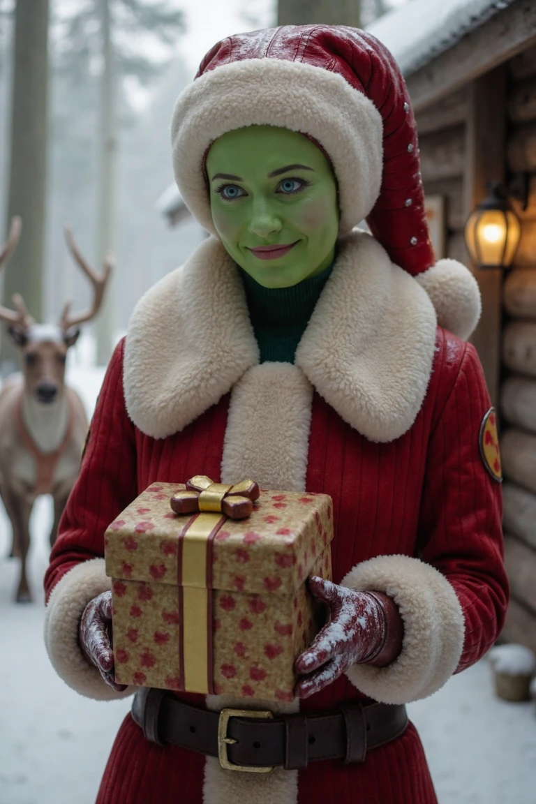 hyperrealistic art Hyper-realistic portrait of Hera Syndulla with green skin and light blue eyes , smiling making eye contact with viewer, cosplaying as Santa Claus in a whimsical winter scene . extremely high-resolution details, photographic, realism pushed to extreme, fine texture, incredibly lifelike