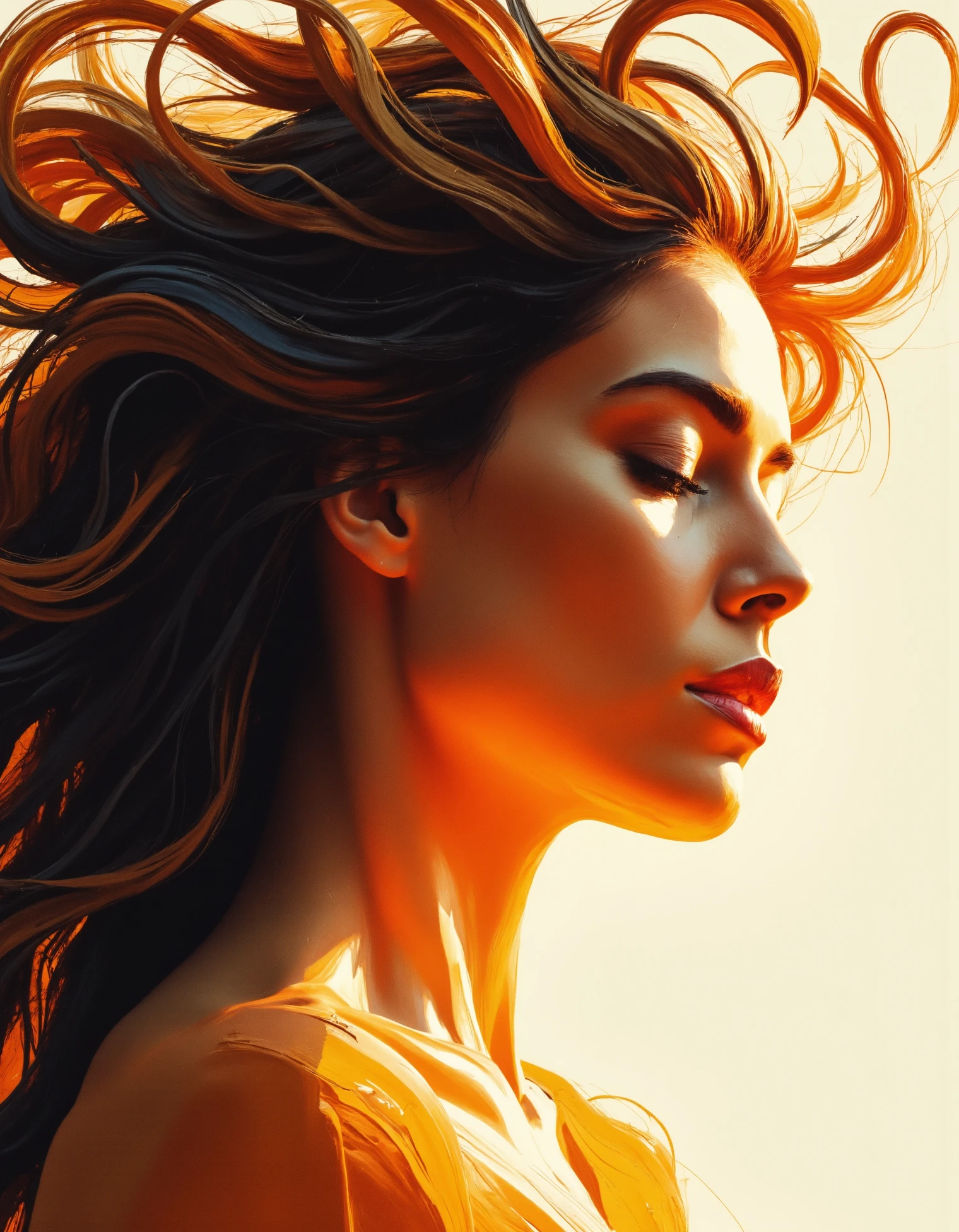 zavy-rghpnt, A close-up of a woman standing in the sunlight, her hair wild and windswept. Thick, swirling brushstrokes bring her hair to life, each strand exaggerated and textured, caught in the gusts of wind. Her face is turned slightly toward the light, the sun casting warm orange and yellow highlights on her skin. The rough strokes create a sense of energy and movement, while her features—soft but expressive—are painted with just enough detail to capture her emotion. The sun's reflection in her eyes and the shadows on her face are rendered with bold, tactile strokes, giving a sense of the warmth and brightness of the day